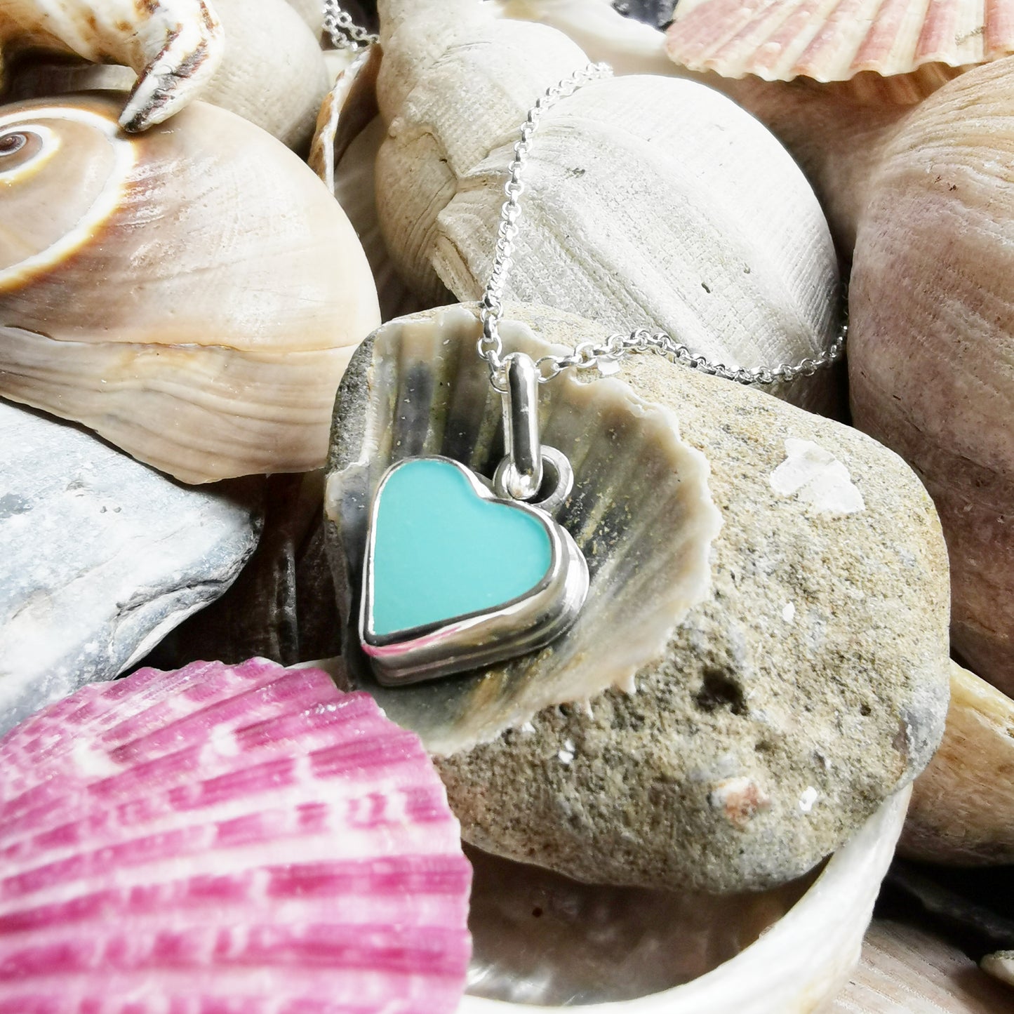Scottish turquoise sea glass heart & sterling silver pendant.