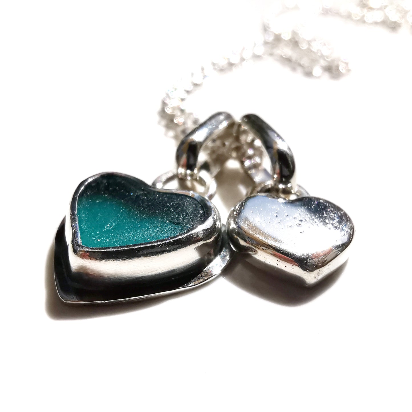 Scottish teal sea glass & sterling silver heart pendants.