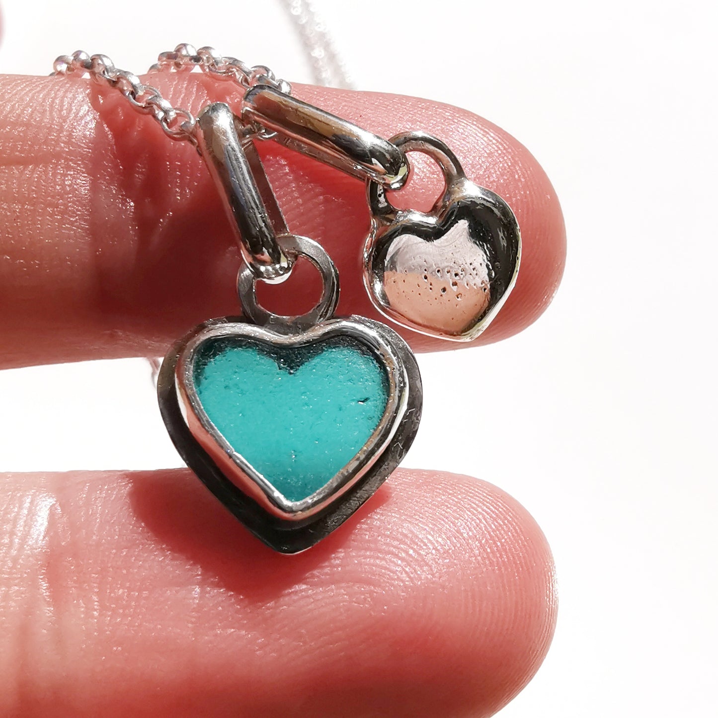 Scottish teal sea glass & sterling silver heart pendants.