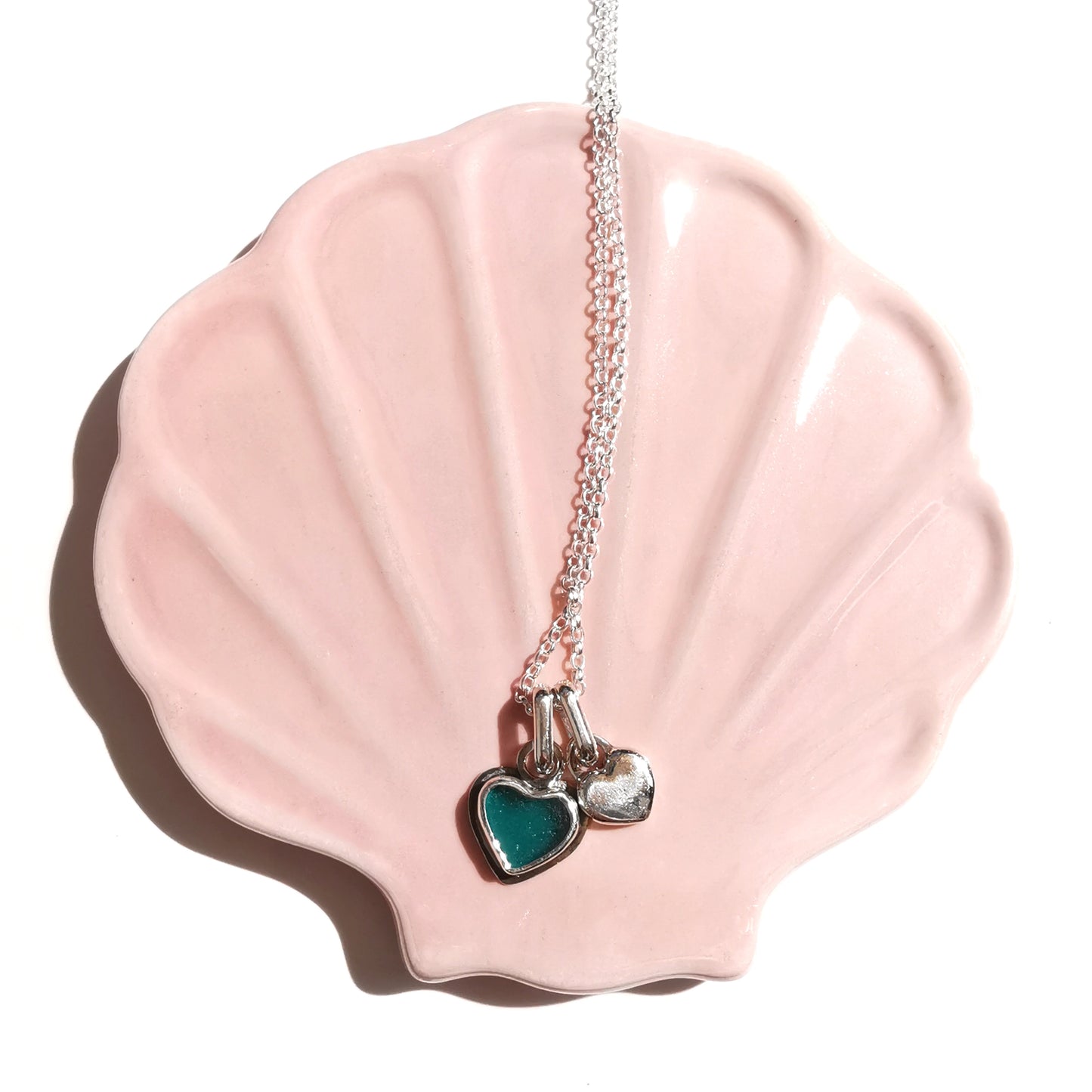 Scottish teal sea glass & sterling silver heart pendants.