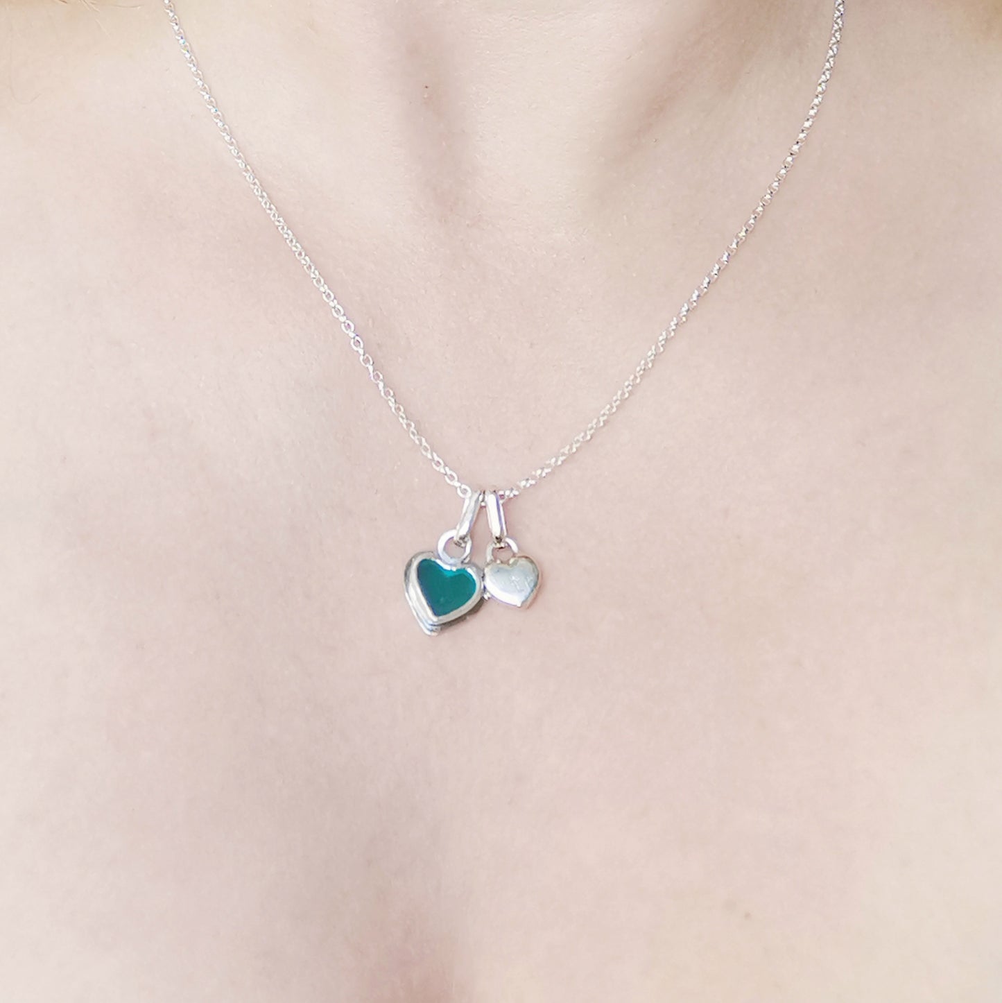 Scottish teal sea glass & sterling silver heart pendants.