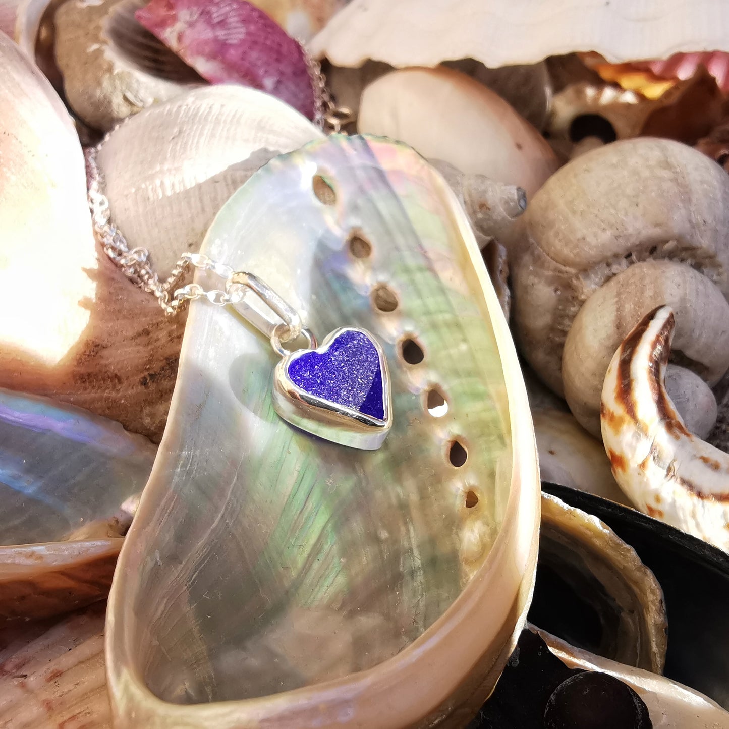 Scottish cobalt blue sea glass heart & sterling silver pendant.