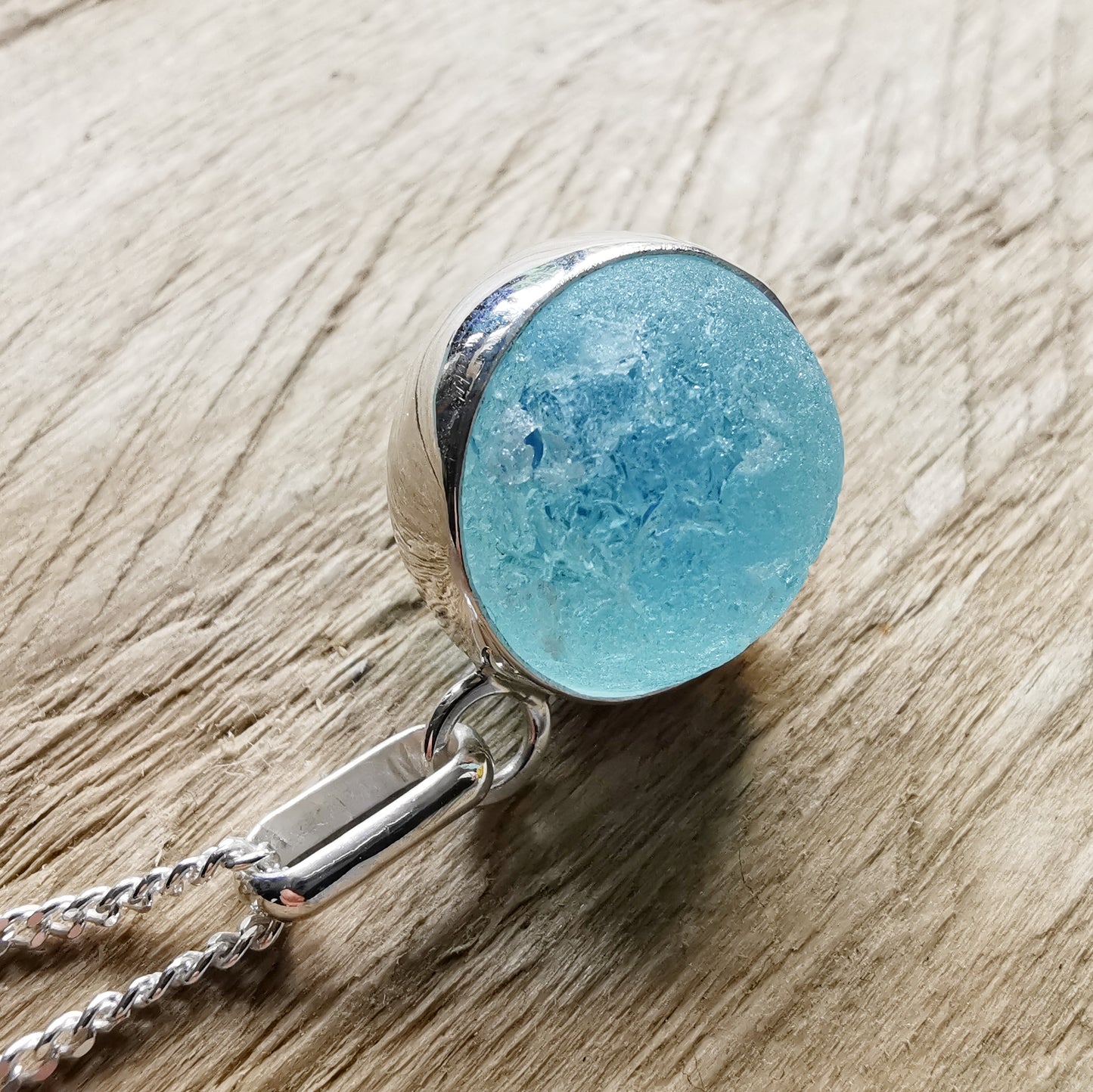 Aqua blue sea glass marble & sterling silver pendant.