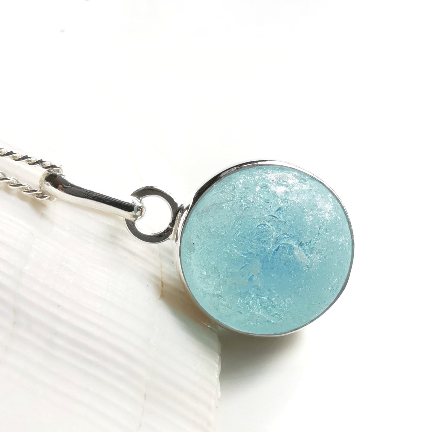 Aqua blue sea glass marble & sterling silver pendant.