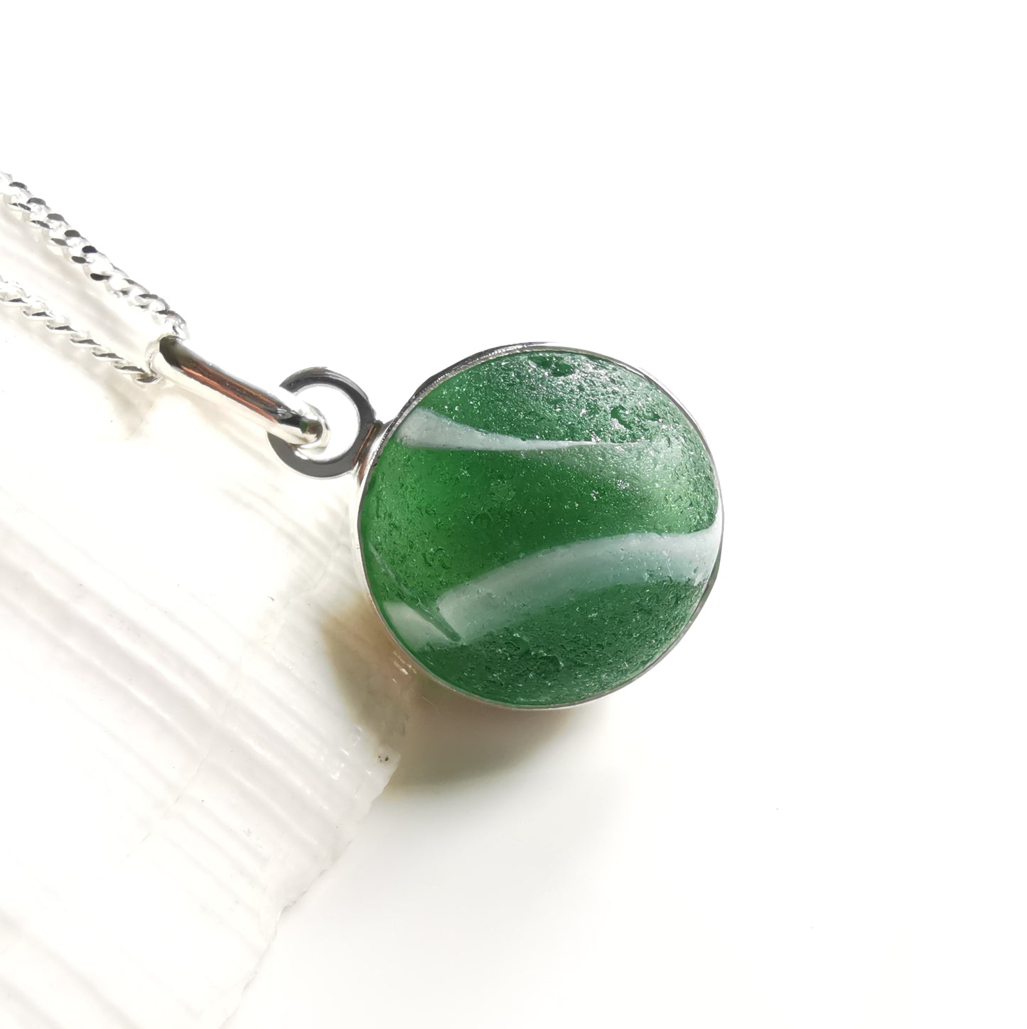 Scottish green sea glass marble & sterling silver pendant.