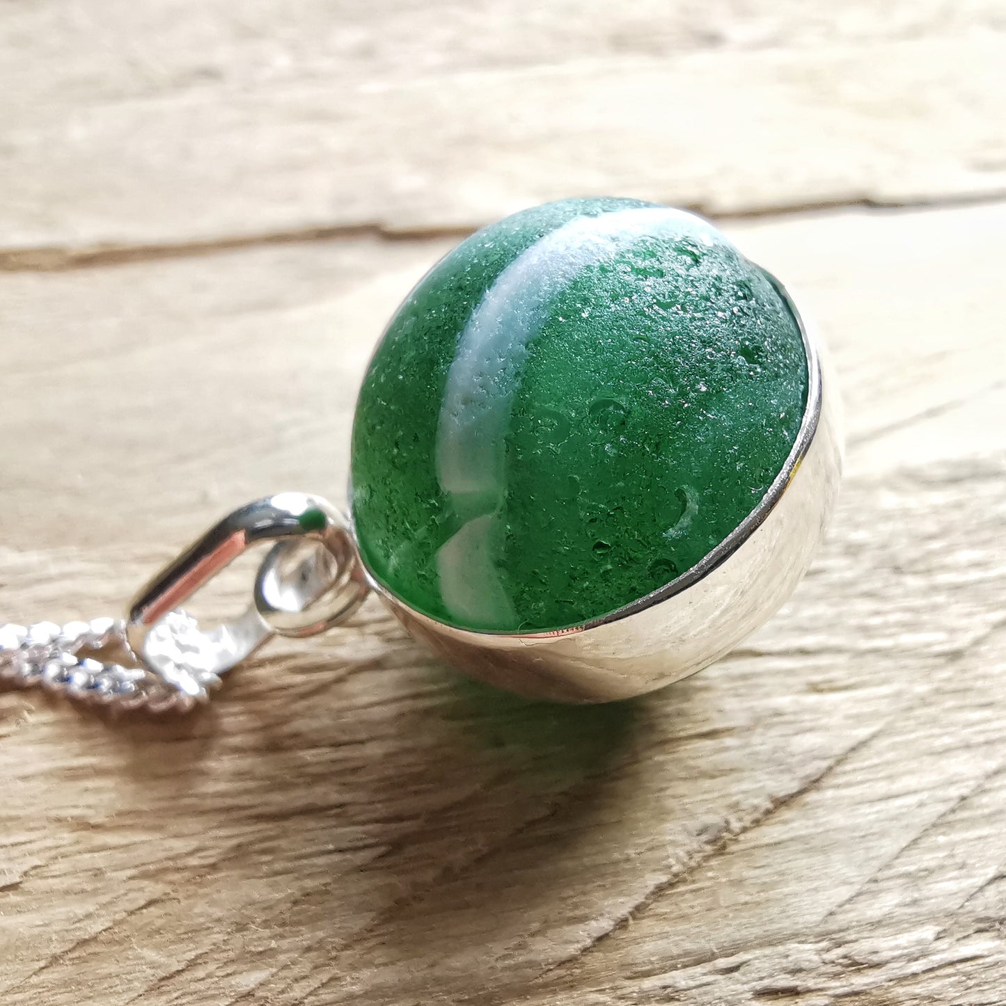 Scottish green sea glass marble & sterling silver pendant.