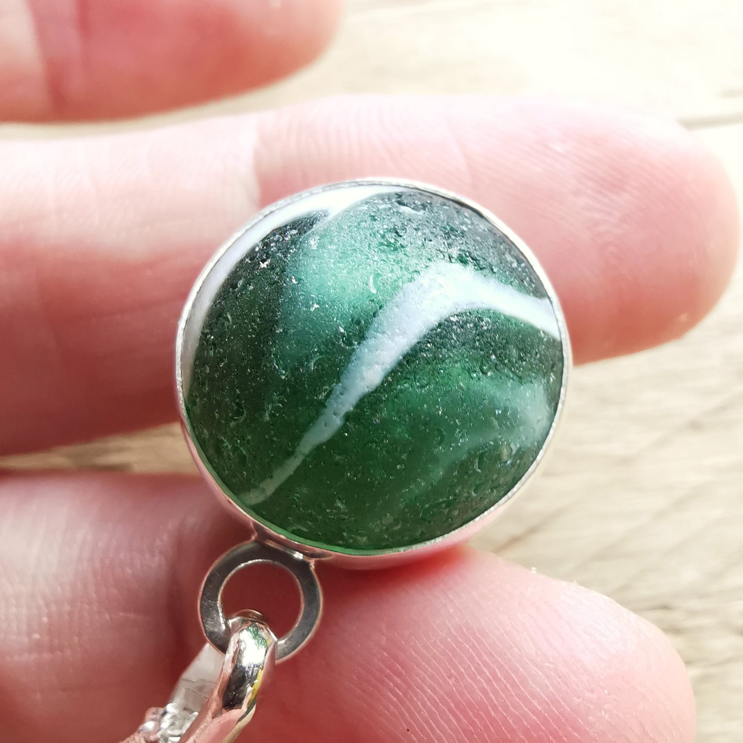 Scottish green sea glass marble & sterling silver pendant.
