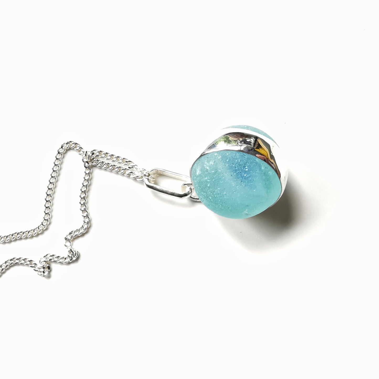 Aqua blue sea glass marble & sterling silver pendant.