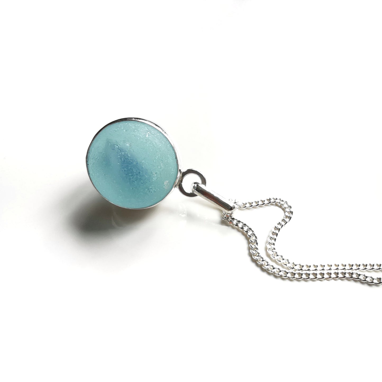 Aqua blue sea glass marble & sterling silver pendant.