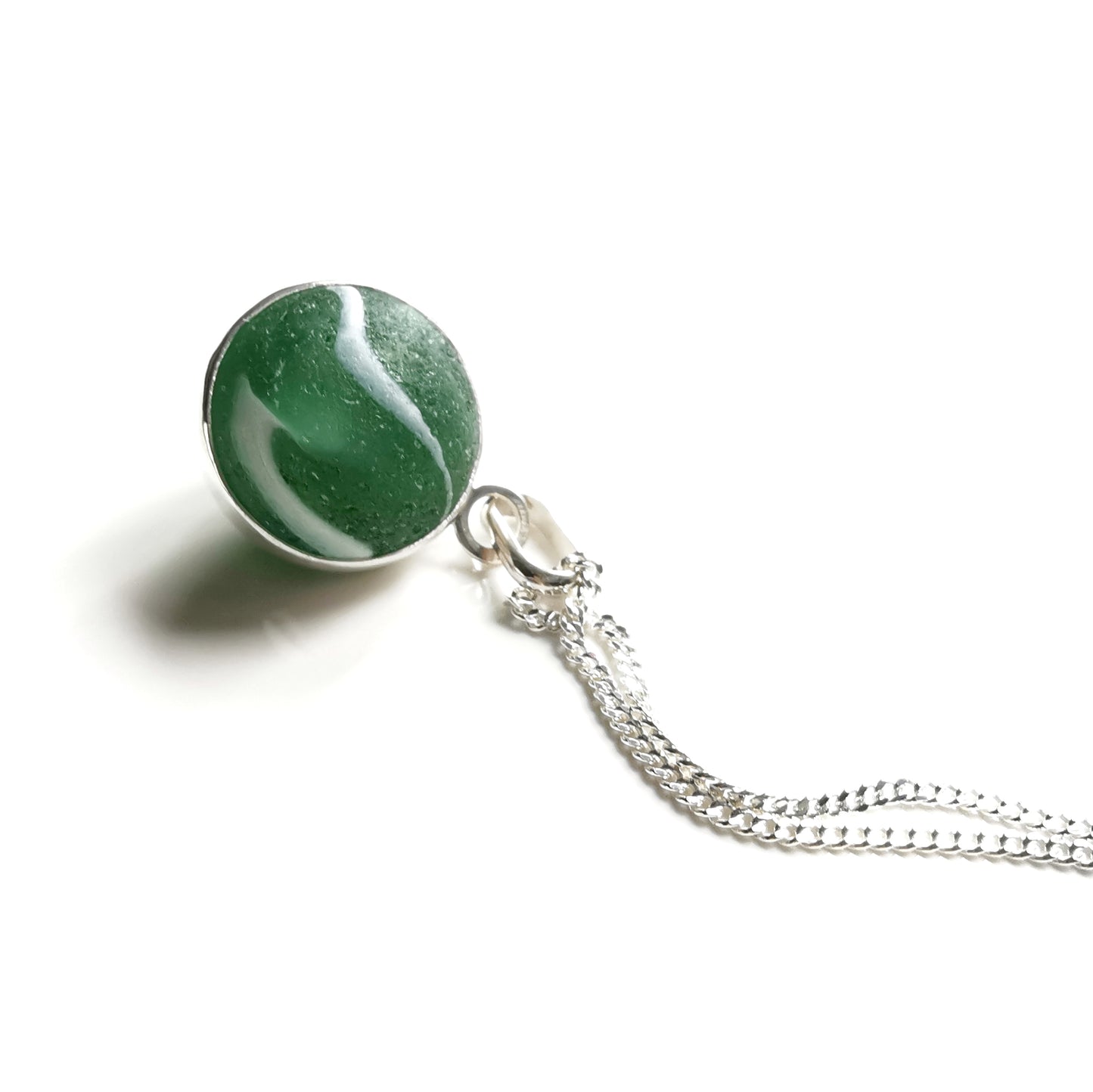 Scottish green sea glass marble & sterling silver pendant.