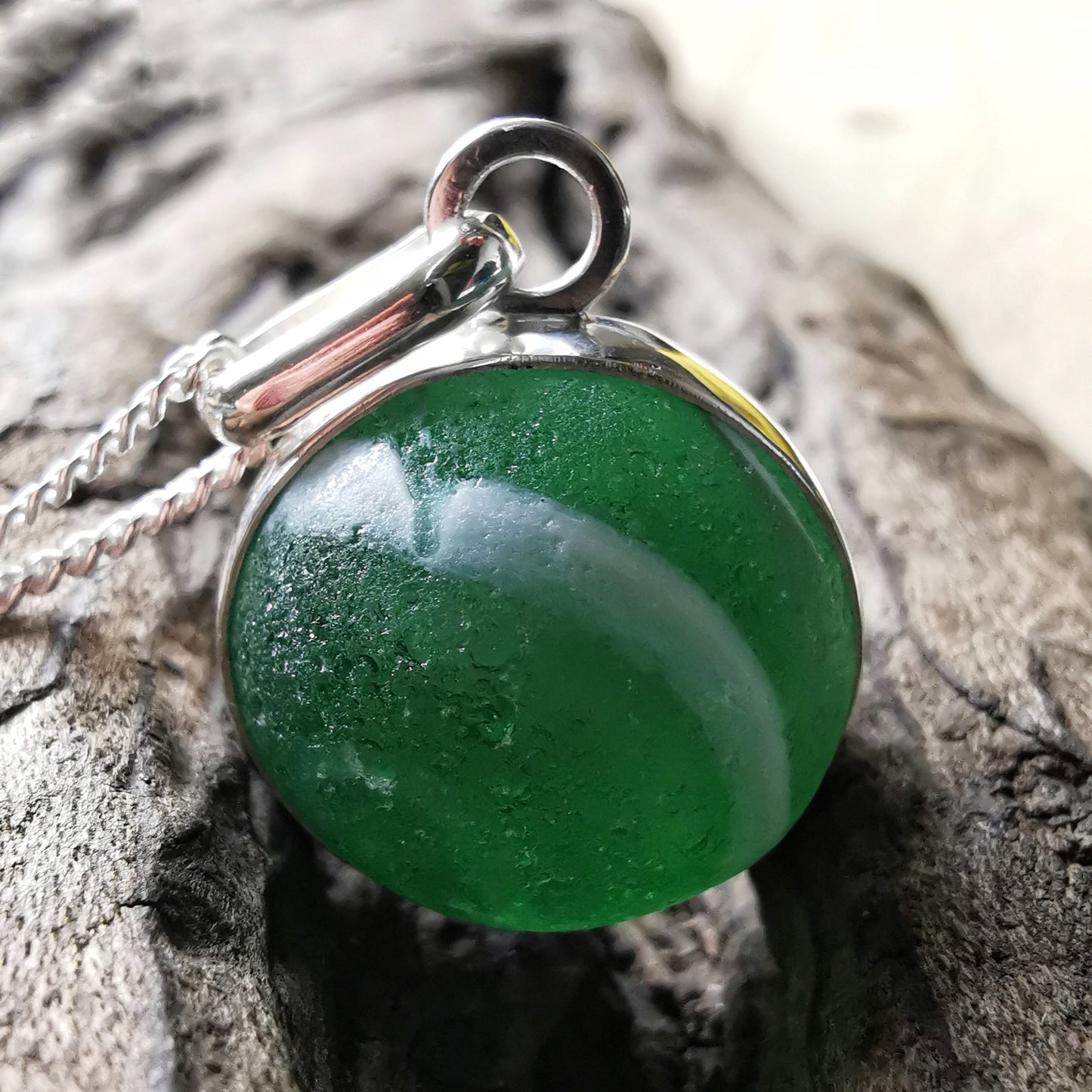 Scottish green sea glass marble & sterling silver pendant.