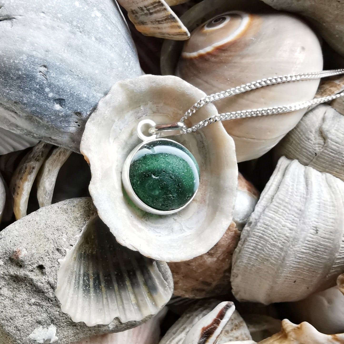 Scottish green sea glass marble & sterling silver pendant.