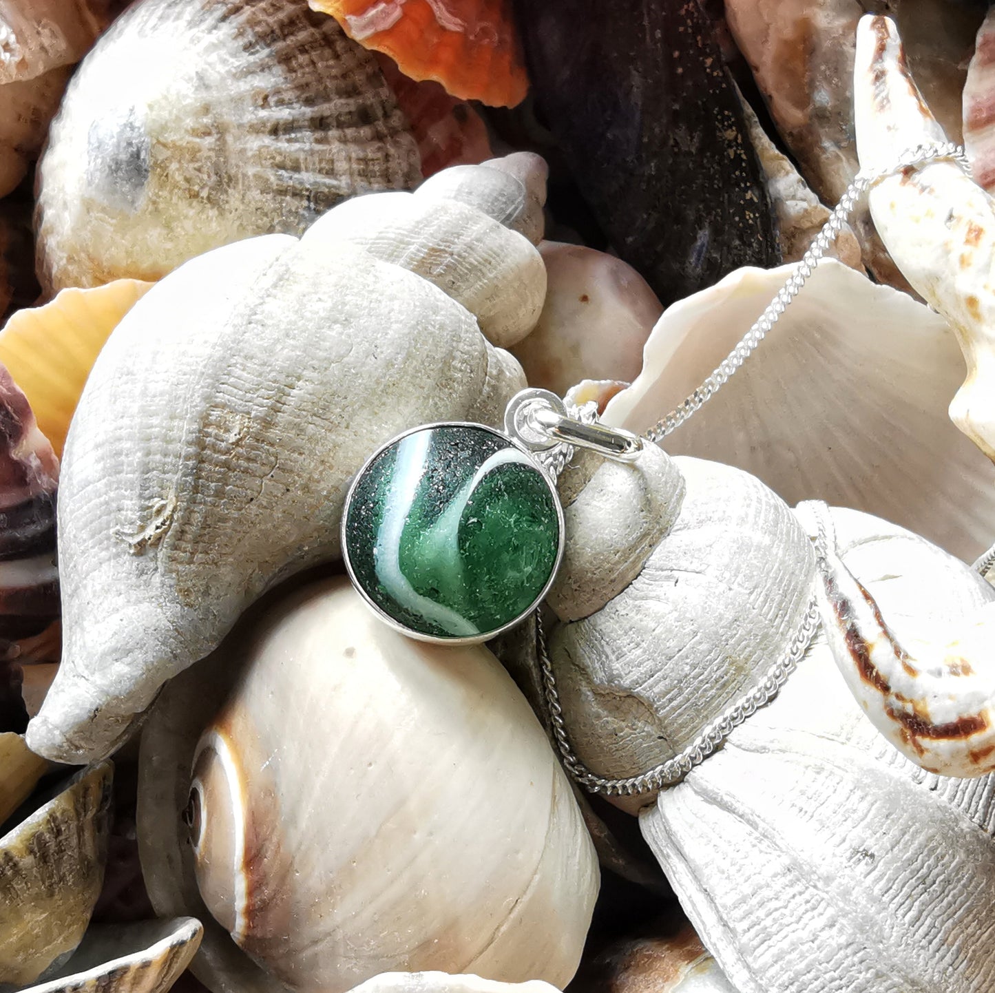Scottish green sea glass marble & sterling silver pendant.