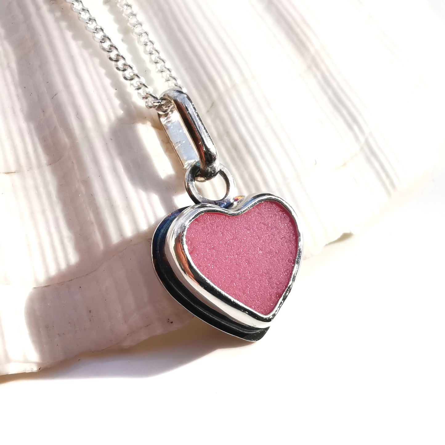 Pink sea glass heart & sterling silver pendant.
