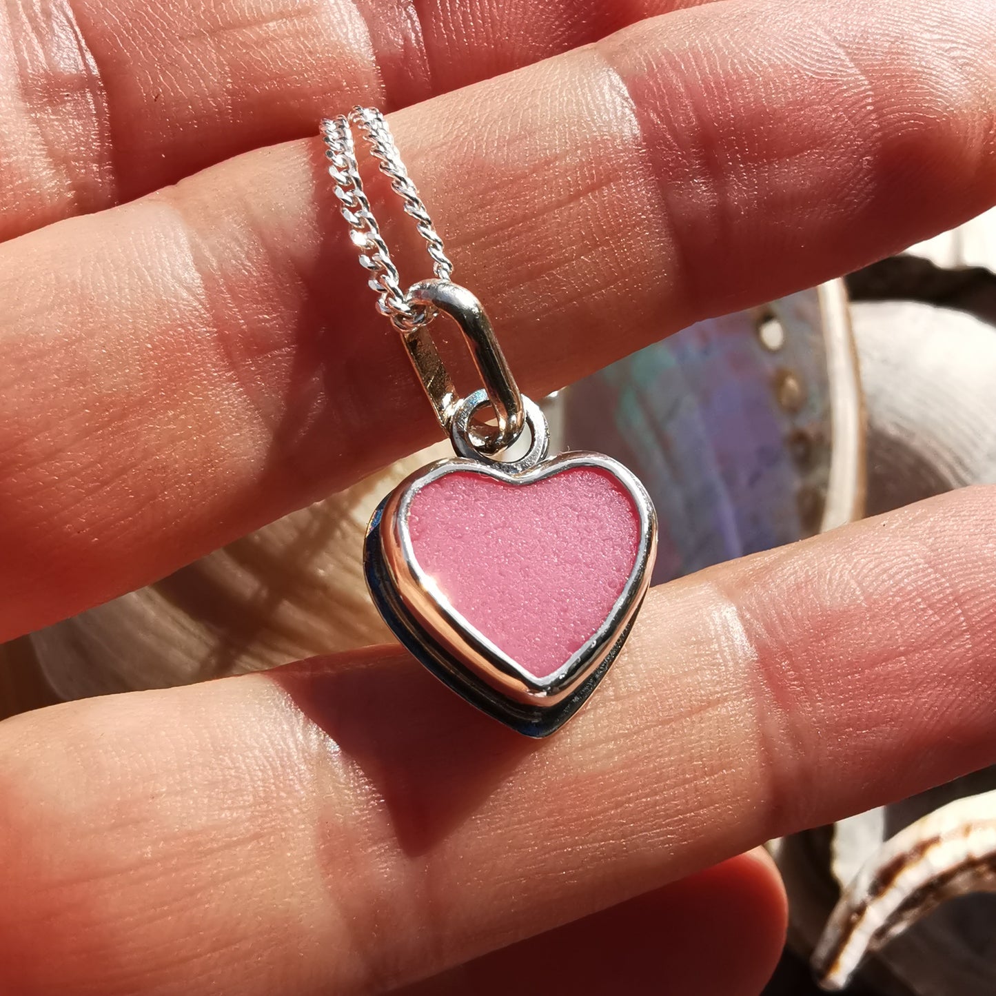 Pink sea glass heart & sterling silver pendant.