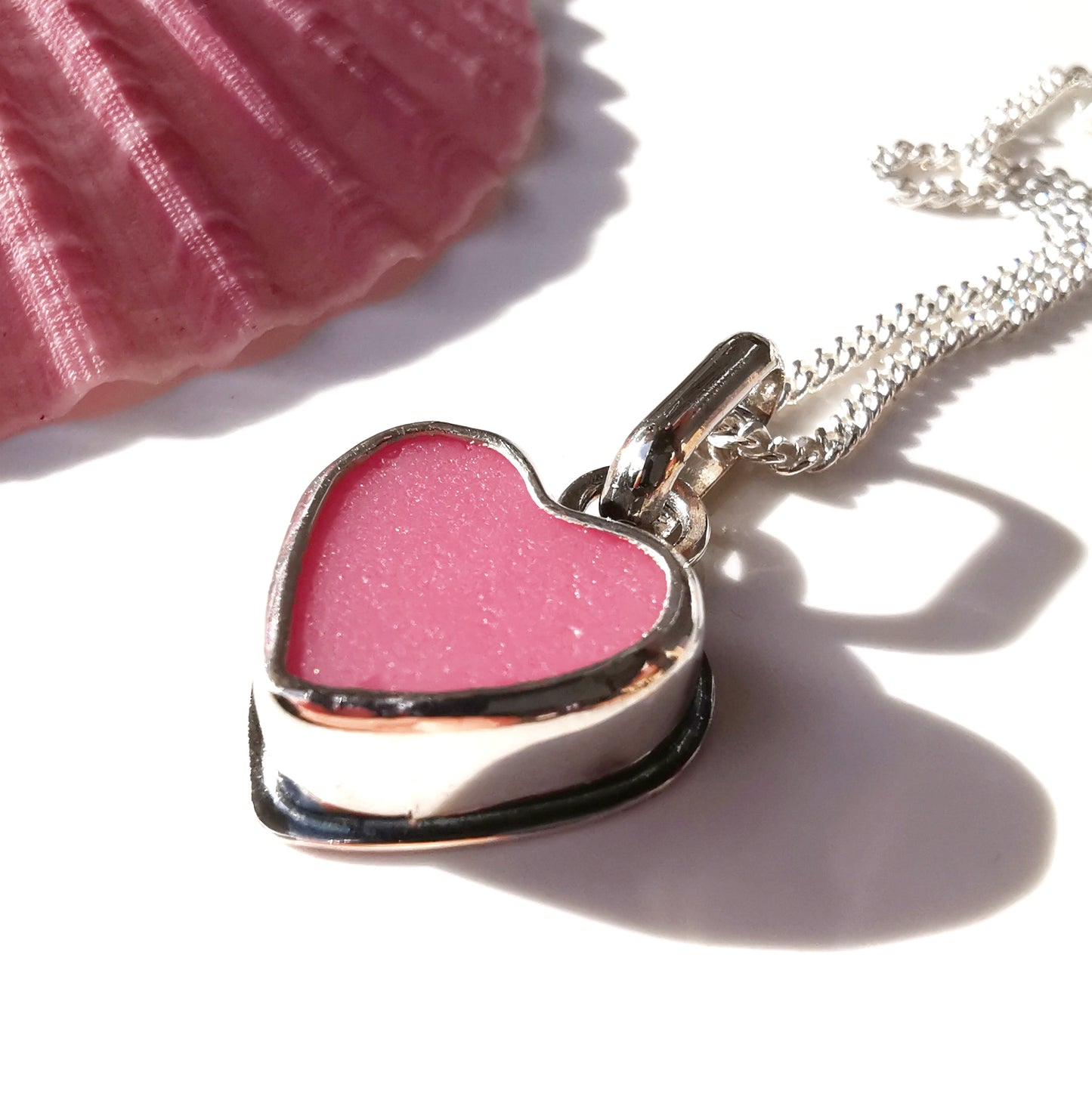 Pink sea glass heart & sterling silver pendant.