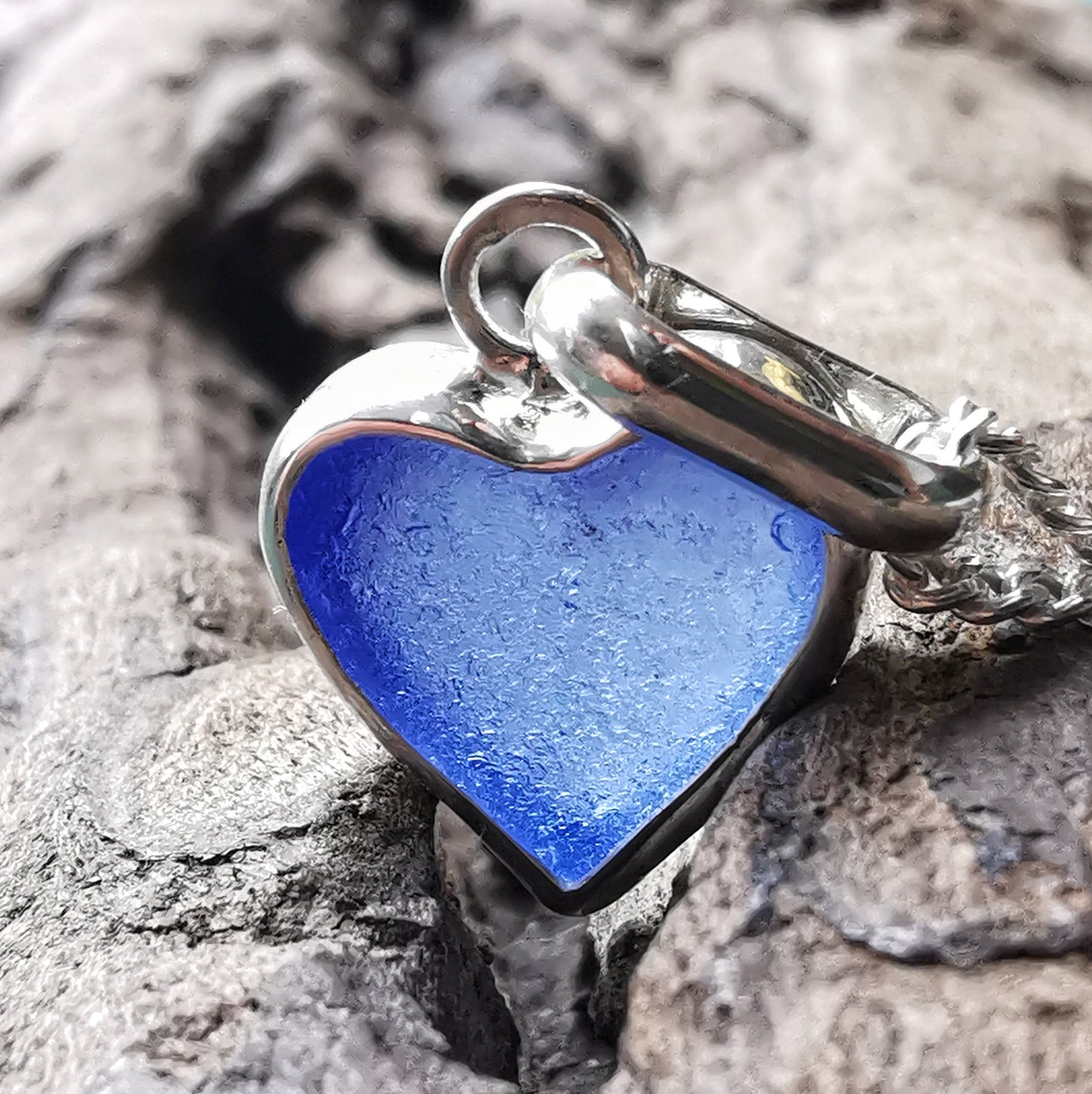 Blue sea glass heart & sterling silver pendant.