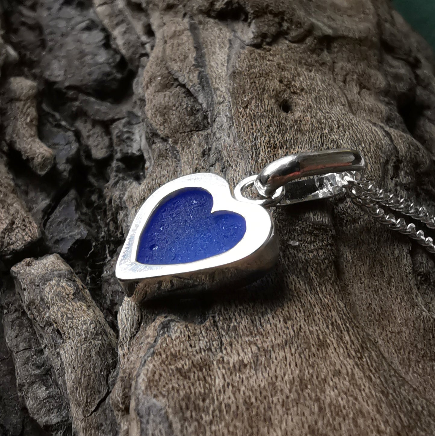 Blue sea glass heart & sterling silver pendant.