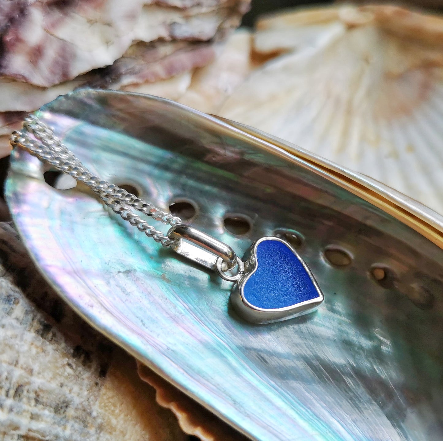 Blue sea glass heart & sterling silver pendant.