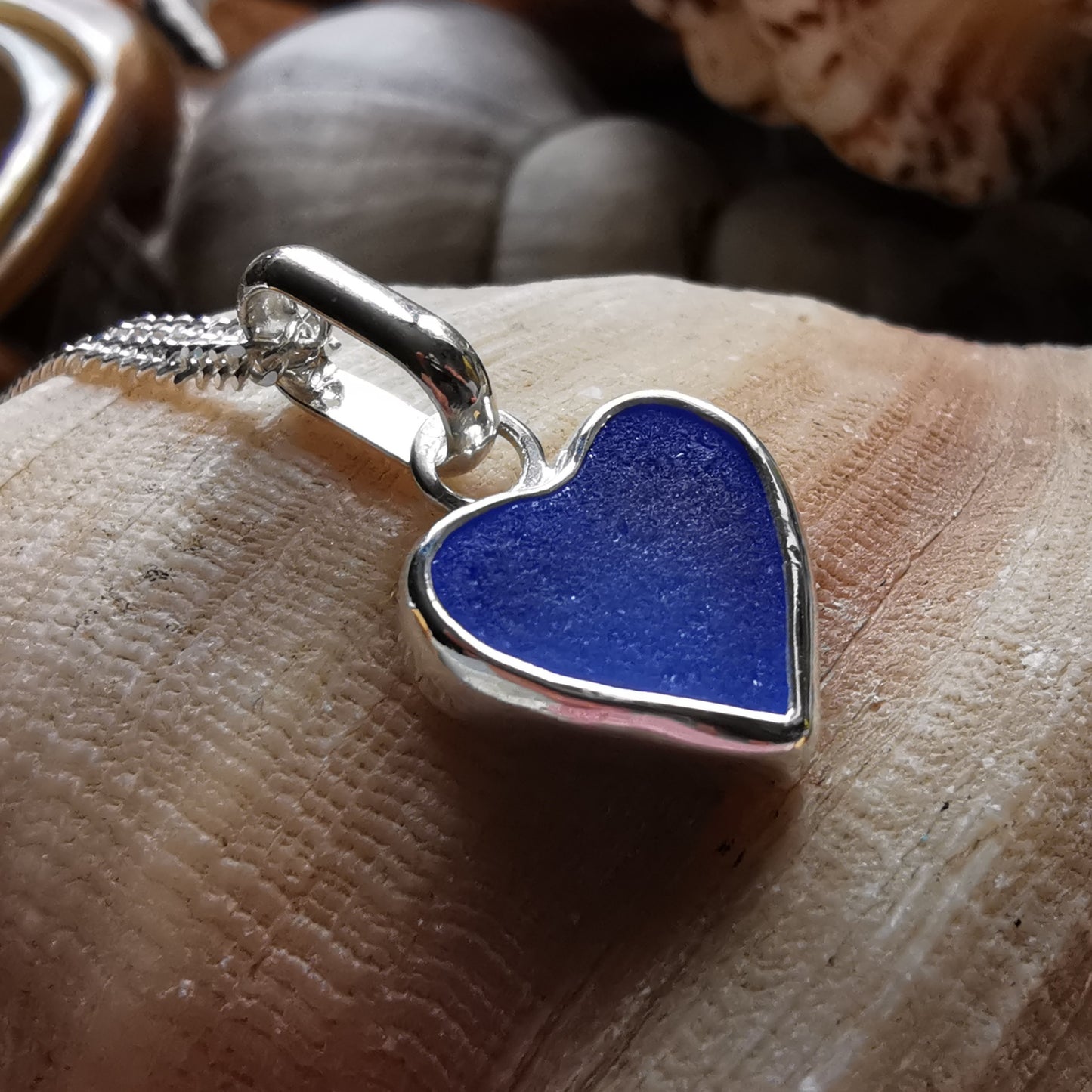 Blue sea glass heart & sterling silver pendant.