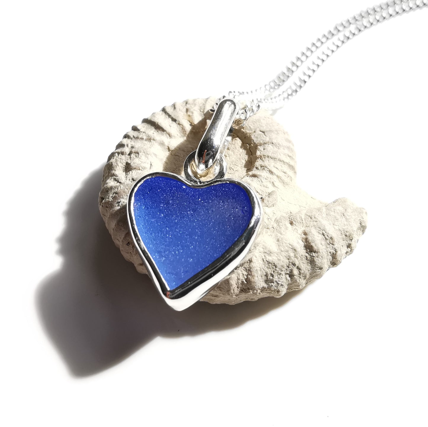 Blue sea glass heart & sterling silver pendant.