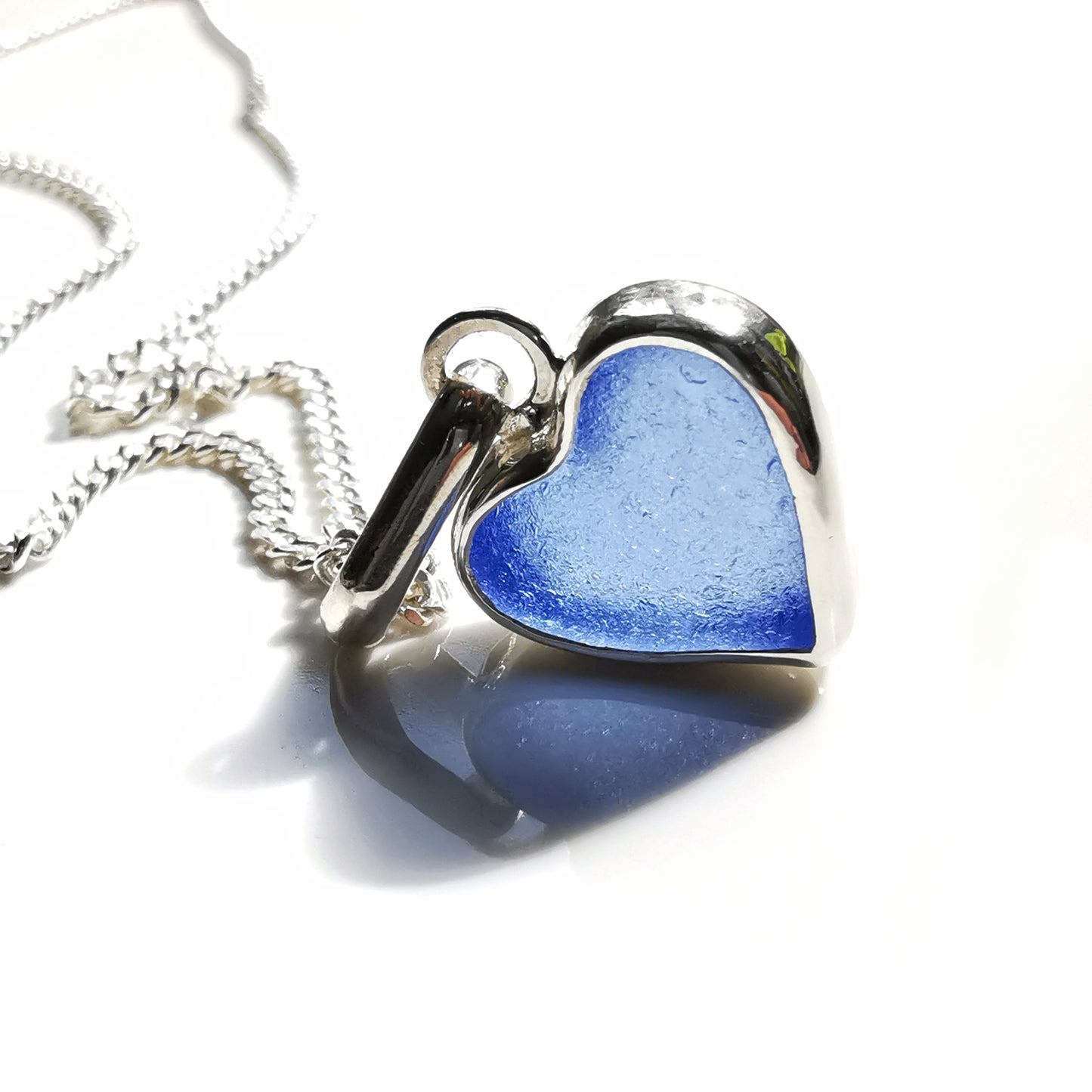 Blue sea glass heart & sterling silver pendant.