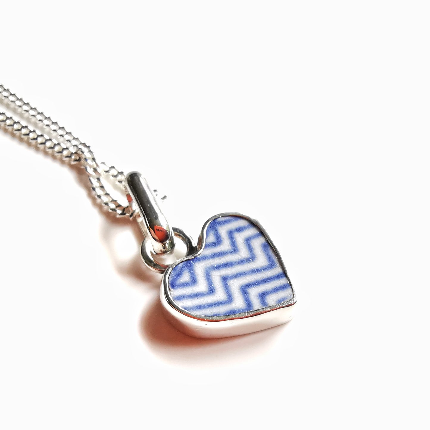 Scottish beach pottery necklace -blue and white chevron pattern, sterling silver heart pendant.