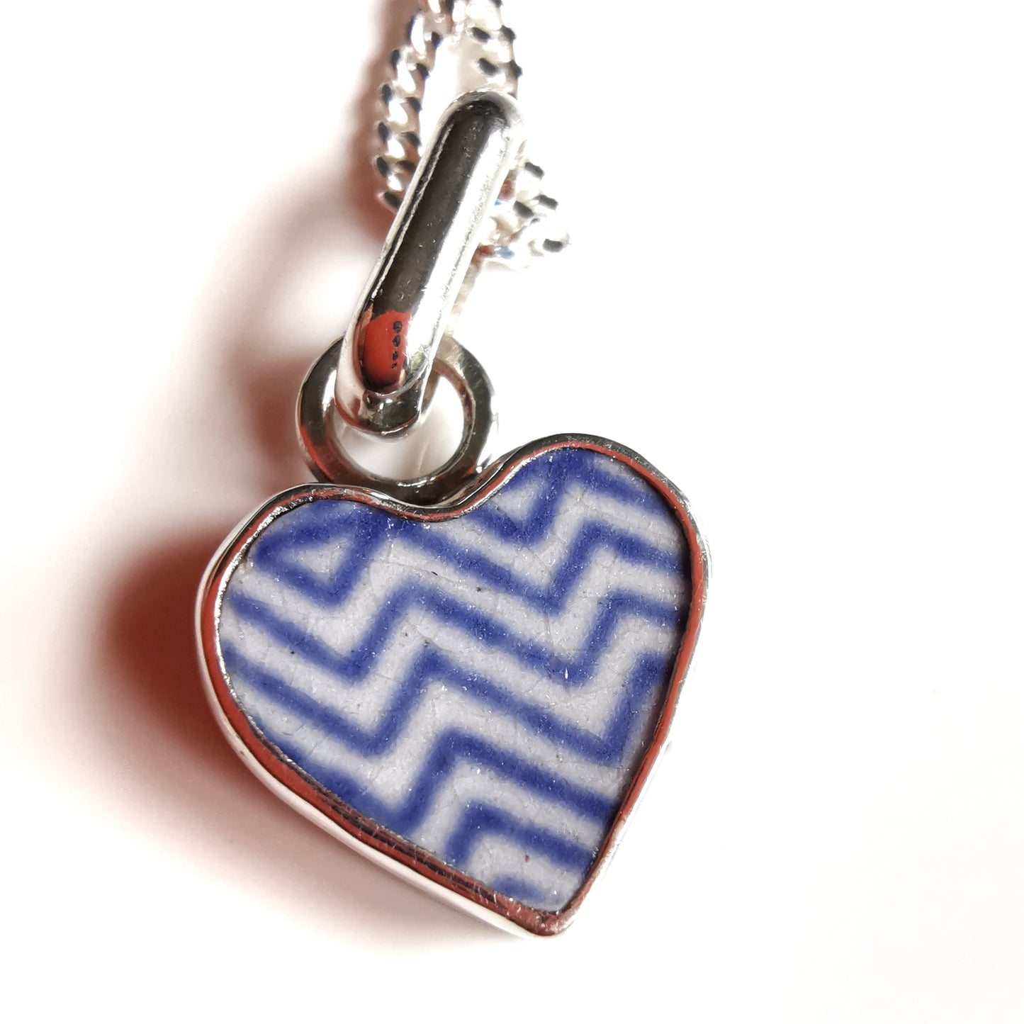 Scottish beach pottery necklace -blue and white chevron pattern, sterling silver heart pendant.