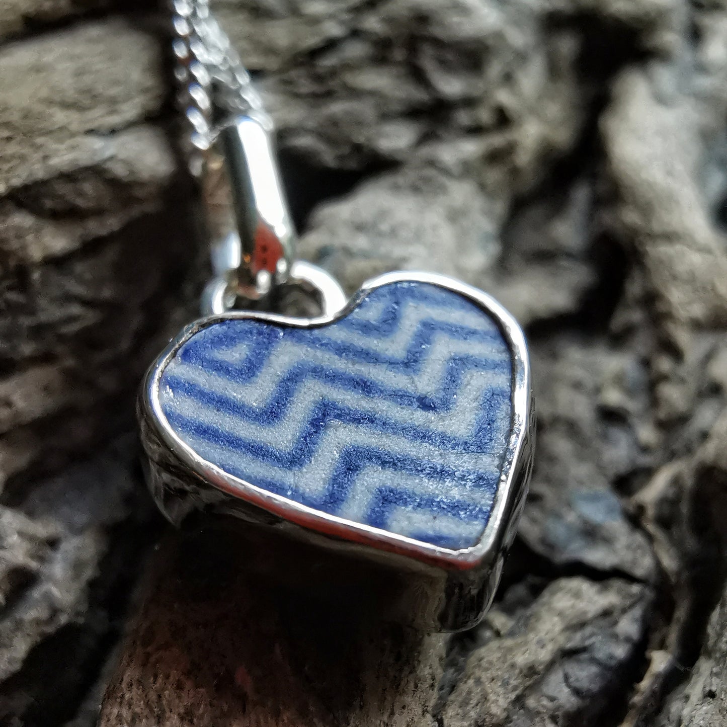 Scottish beach pottery necklace -blue and white chevron pattern, sterling silver heart pendant.