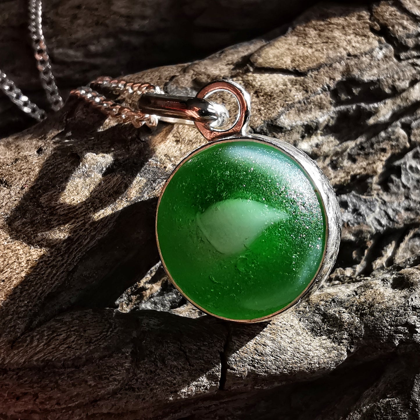 Scottish green sea glass marble & sterling silver pendant.