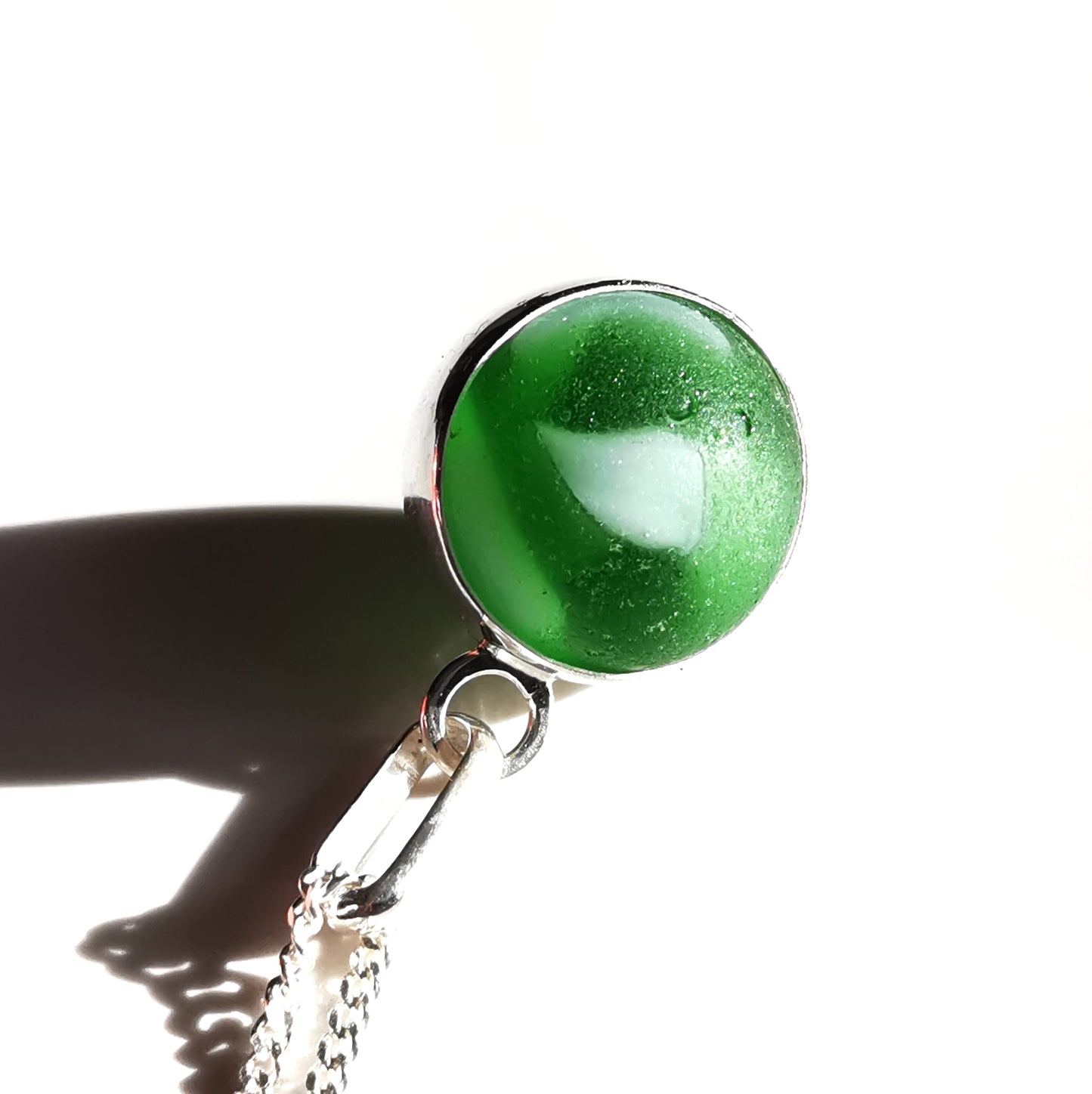 Scottish green sea glass marble & sterling silver pendant.