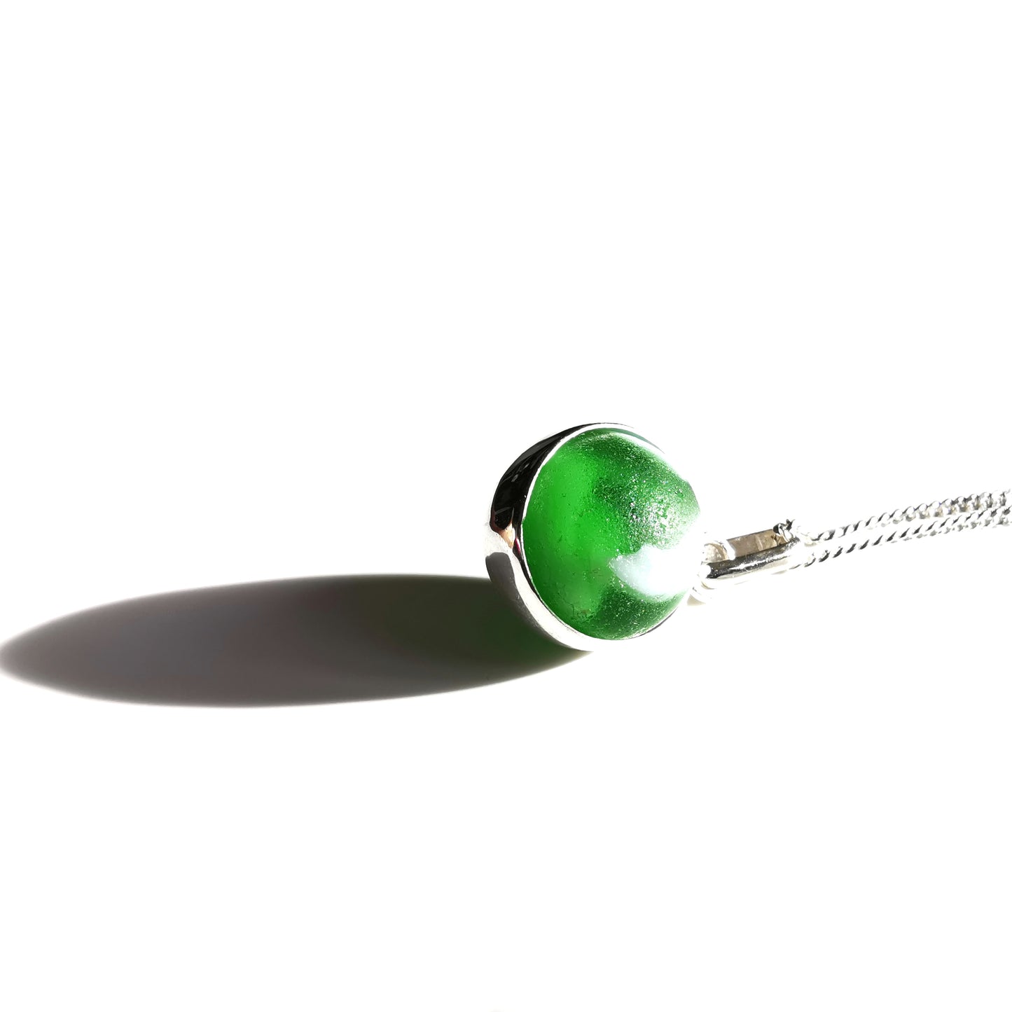 Scottish green sea glass marble & sterling silver pendant.