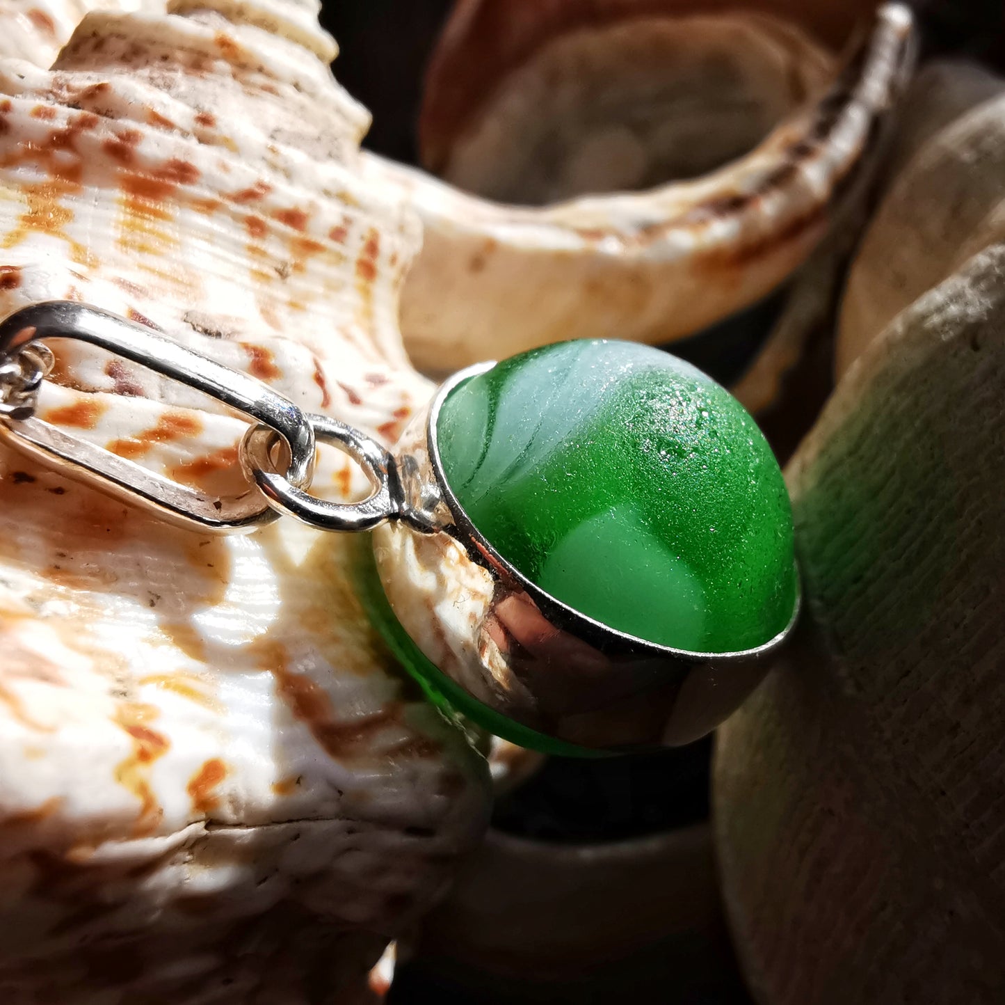 Scottish green sea glass marble & sterling silver pendant.