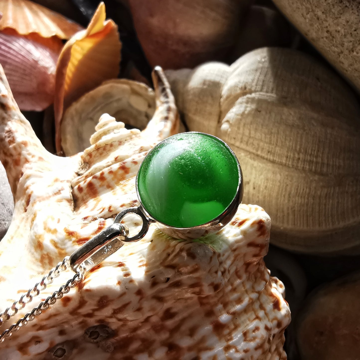 Scottish green sea glass marble & sterling silver pendant.