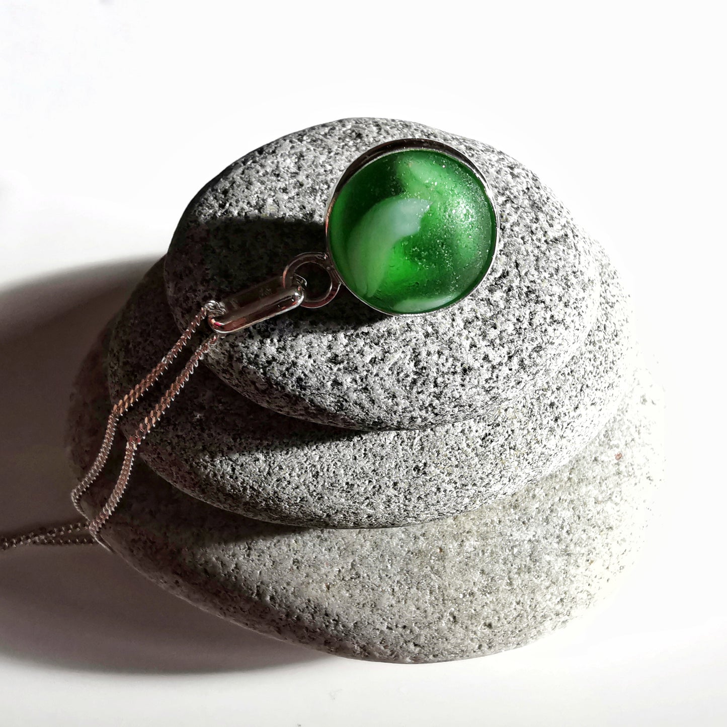 Scottish green sea glass marble & sterling silver pendant.
