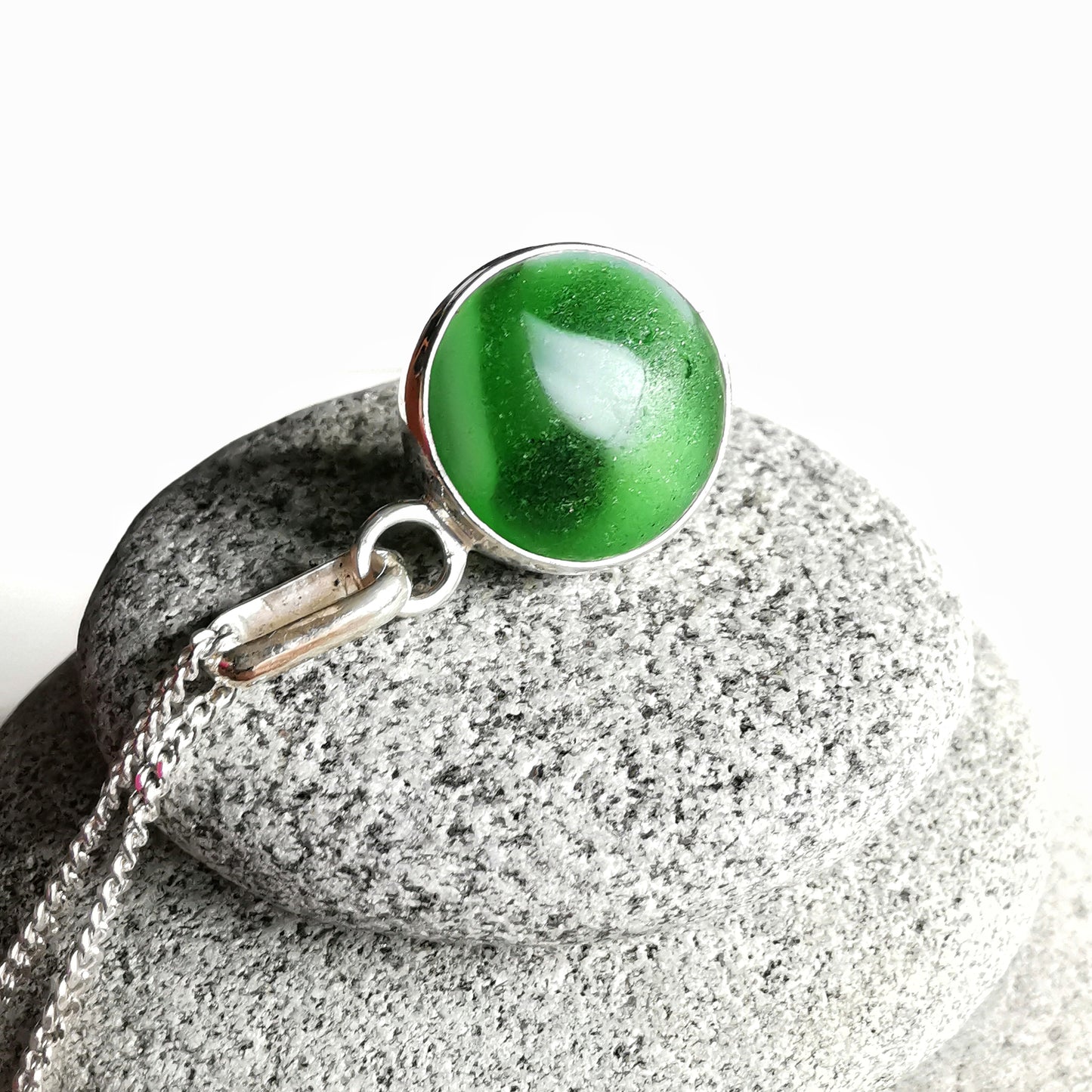 Scottish green sea glass marble & sterling silver pendant.