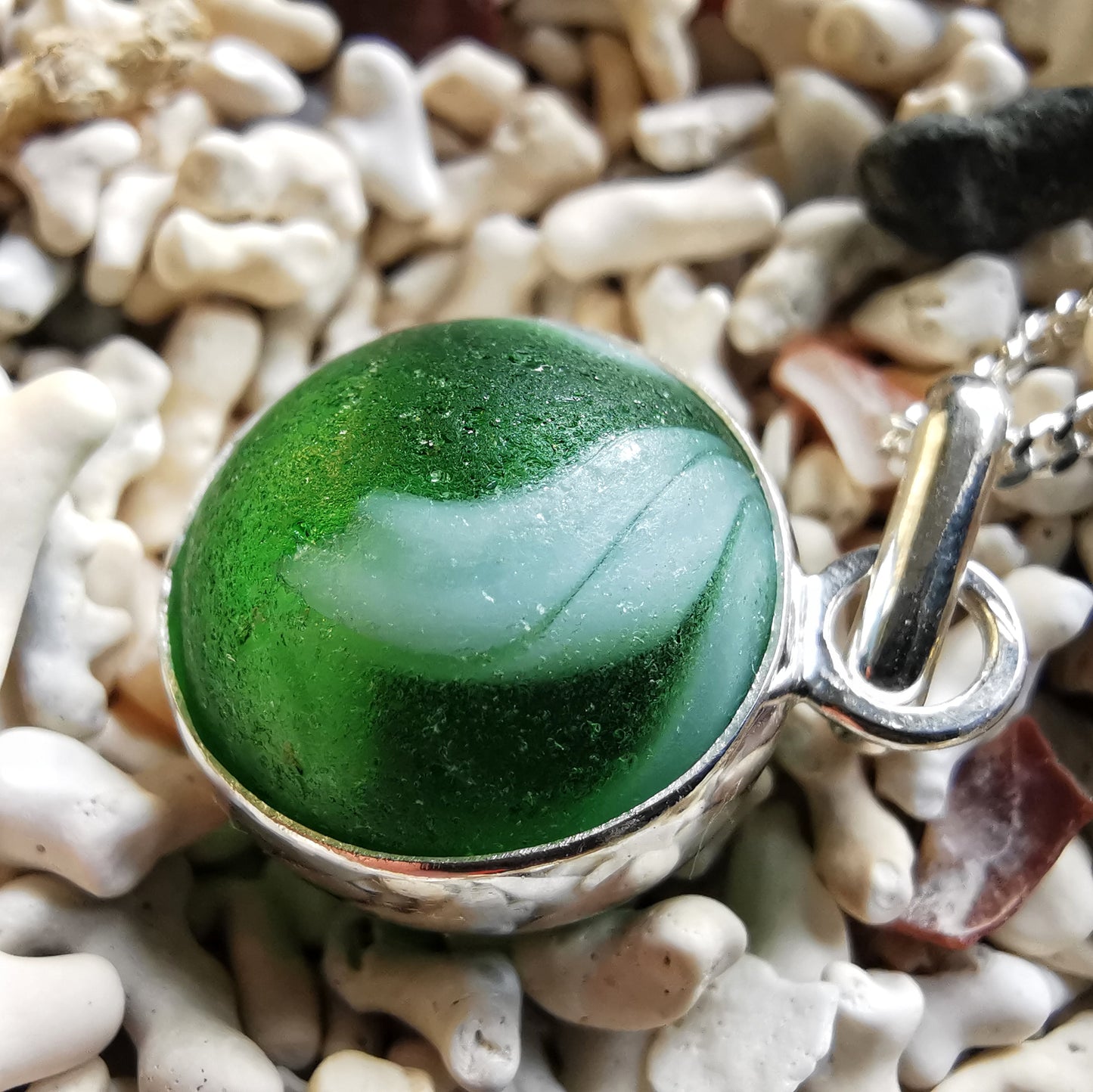 Scottish green sea glass marble & sterling silver pendant.