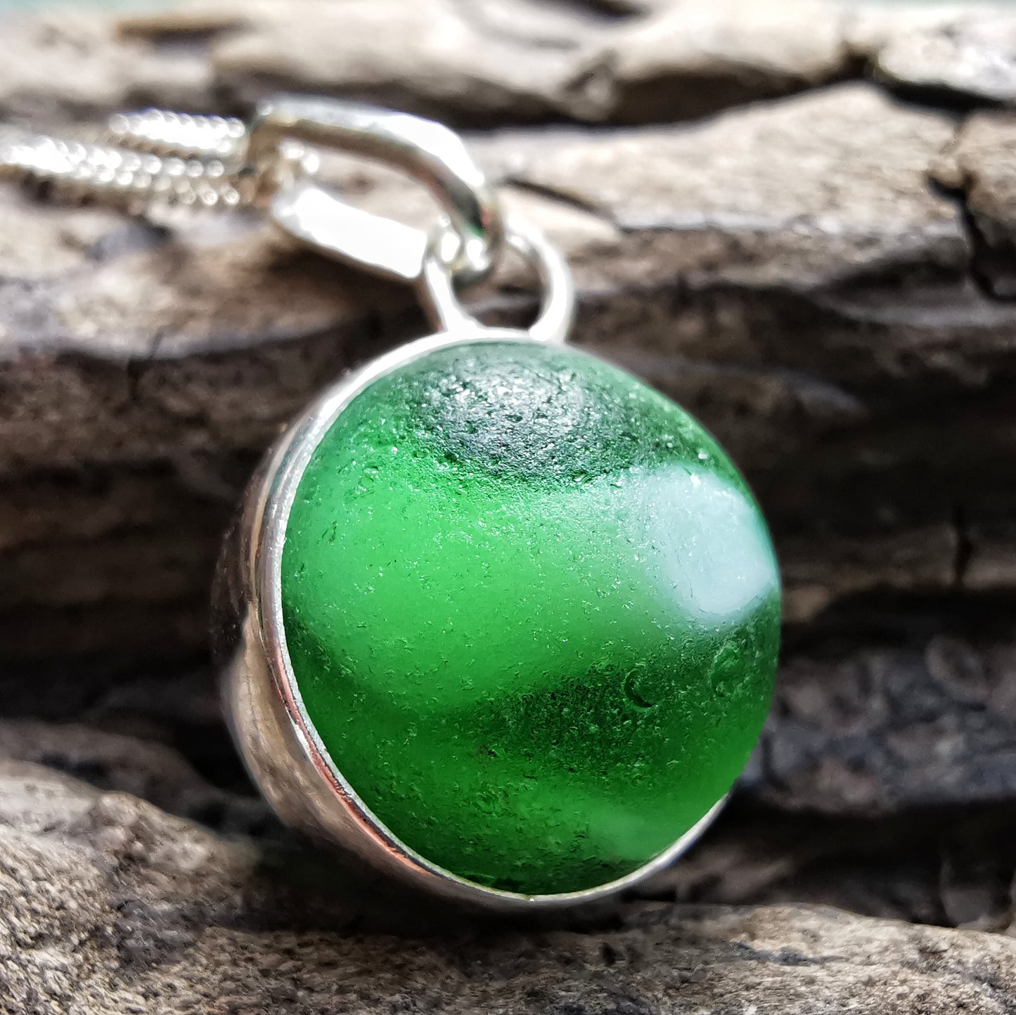 Scottish green sea glass marble & sterling silver pendant.