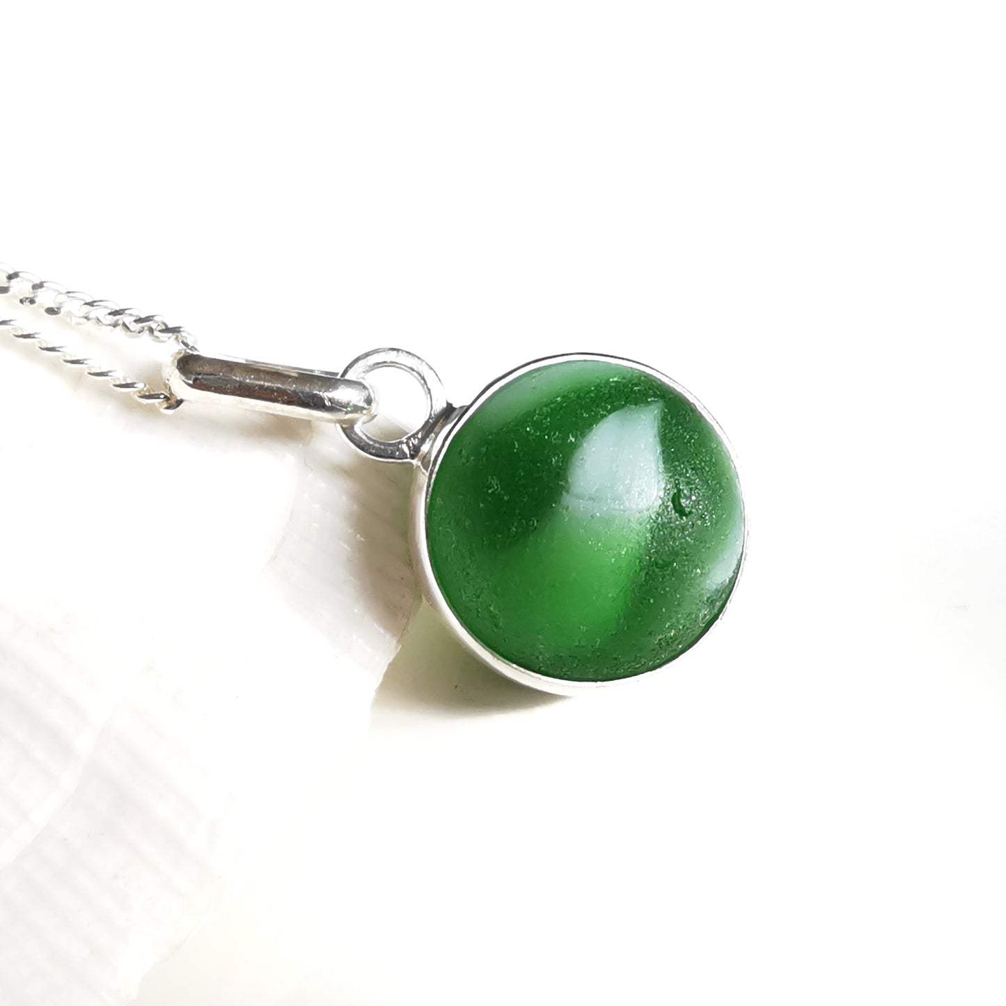 Scottish green sea glass marble & sterling silver pendant.