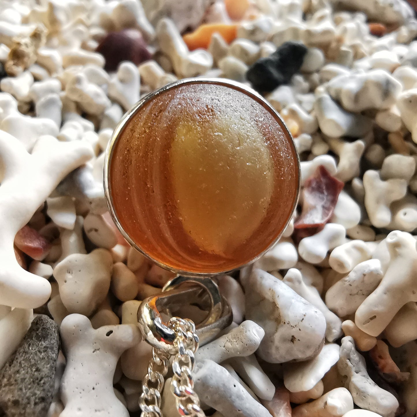 Genuine Scottish brown sea glass marble & sterling silver pendant.
