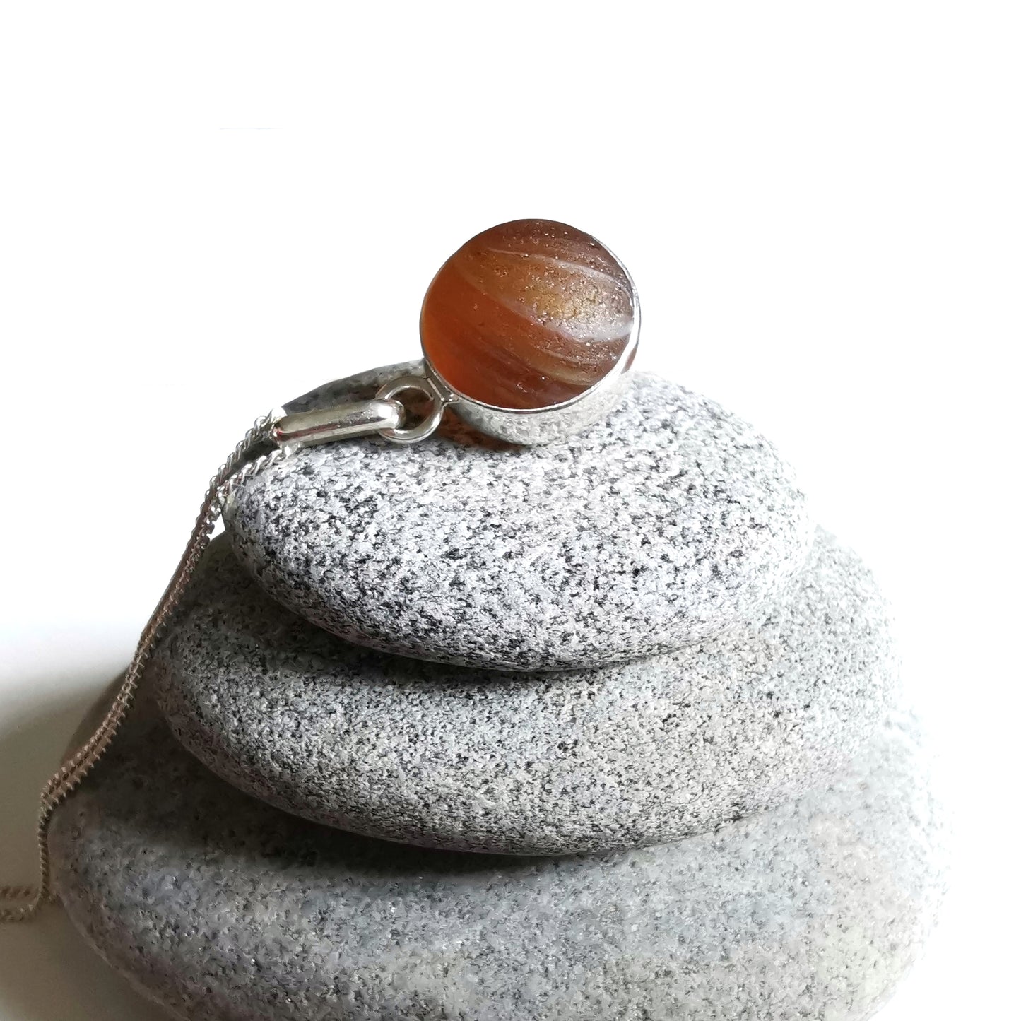 Genuine Scottish brown sea glass marble & sterling silver pendant.