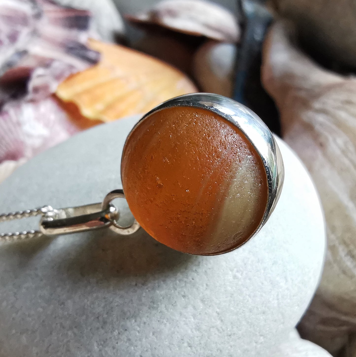 Genuine Scottish brown sea glass marble & sterling silver pendant.