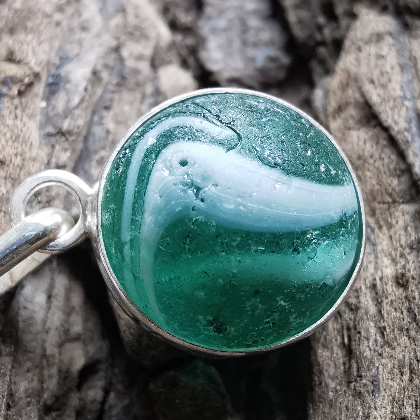Scottish teal green sea glass marble & sterling silver pendant.