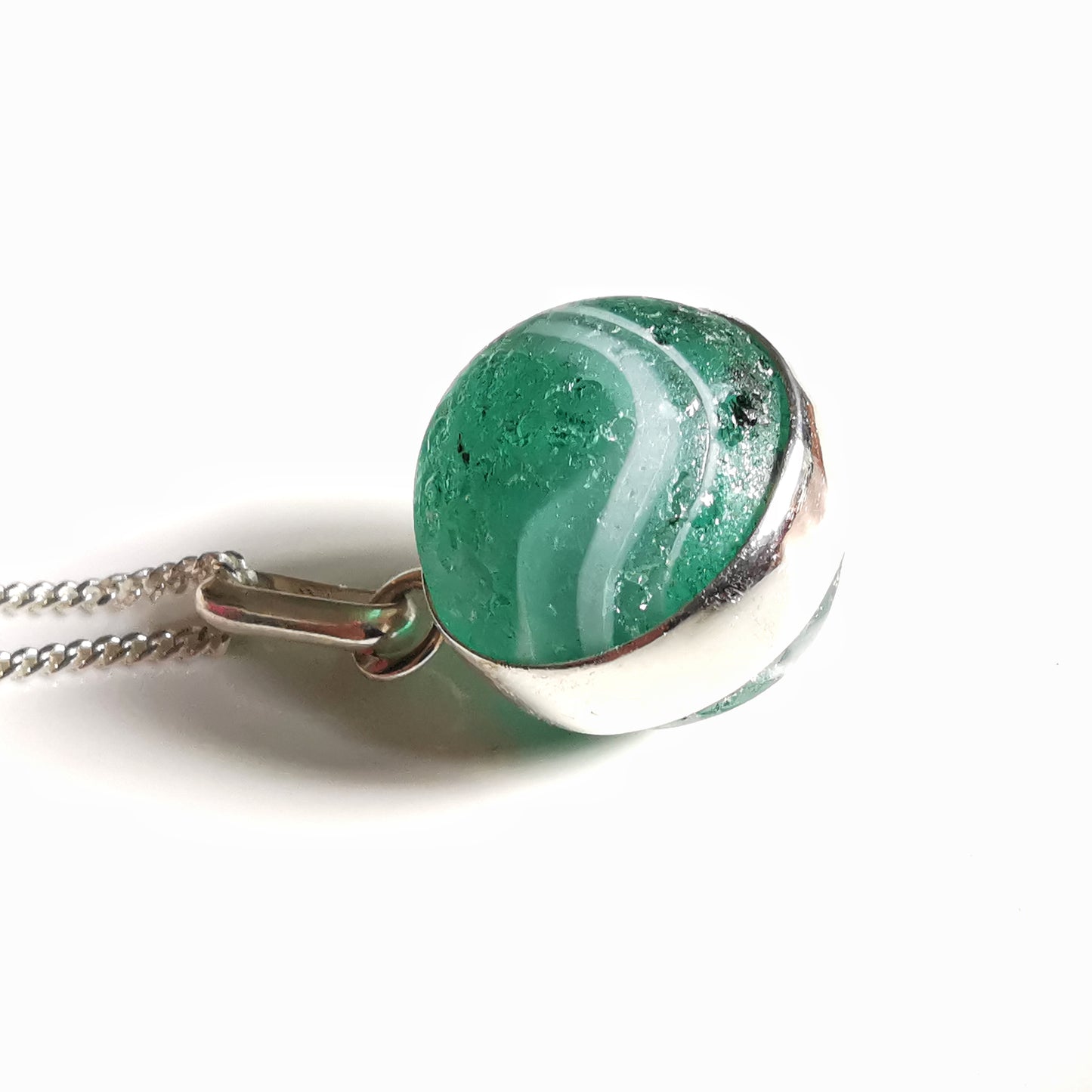 Scottish teal green sea glass marble & sterling silver pendant.