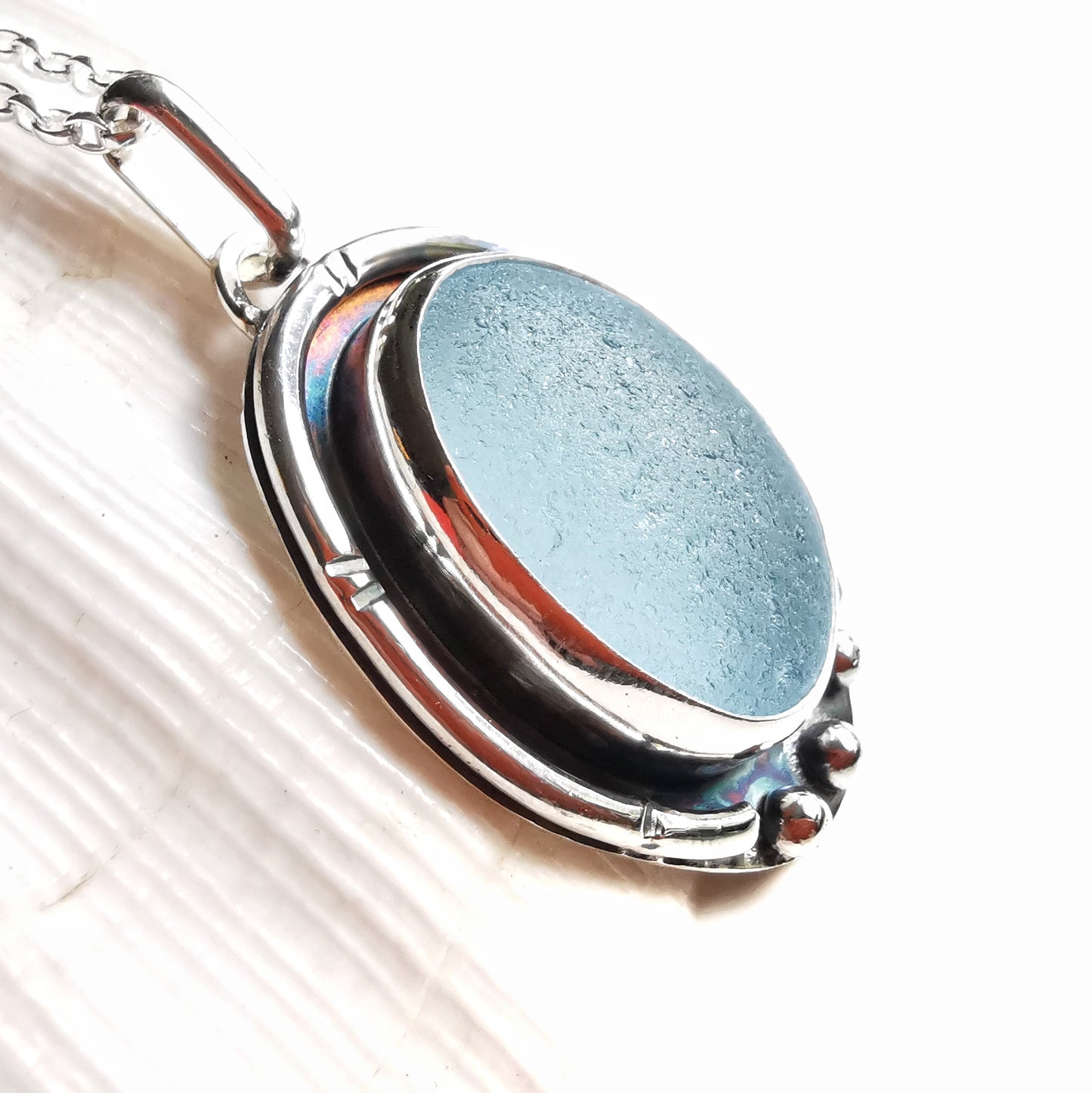 Scottish light blue sea glass & sterling silver pendant.