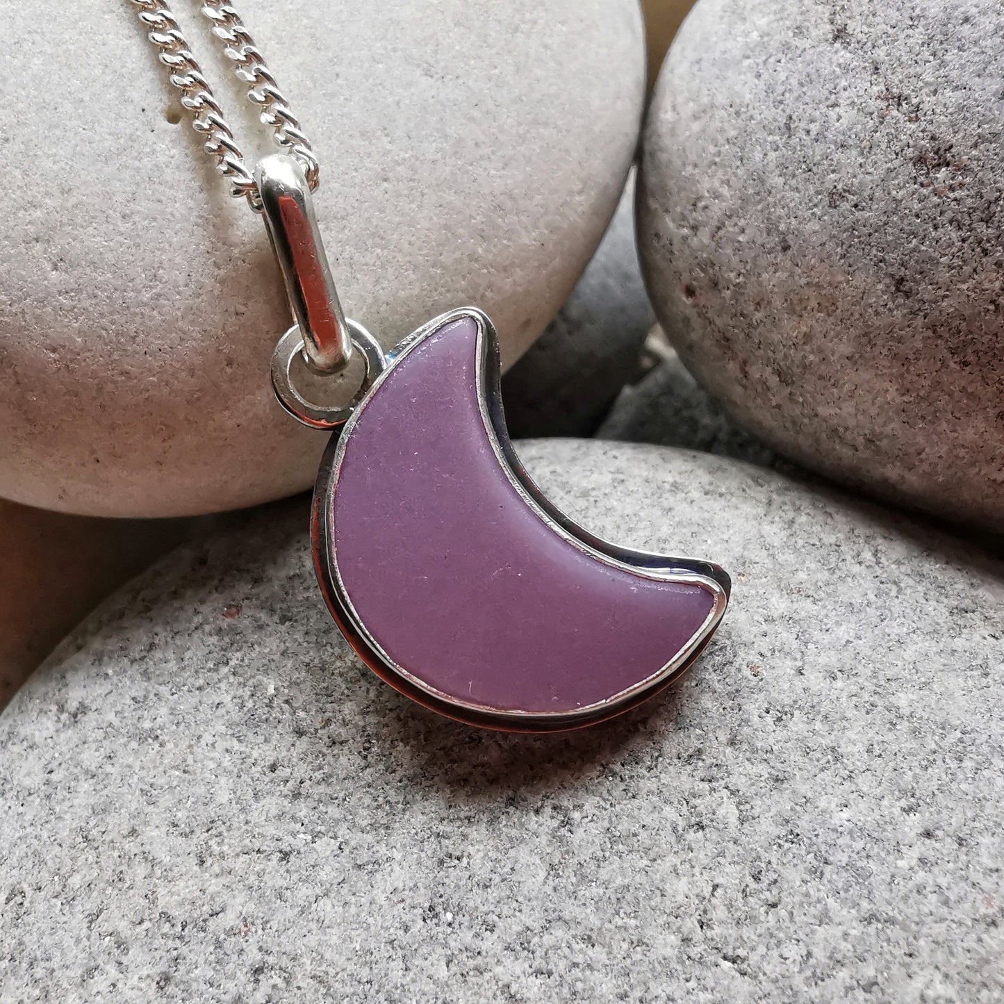 Purple crescent moon sea glass & sterling silver pendant.