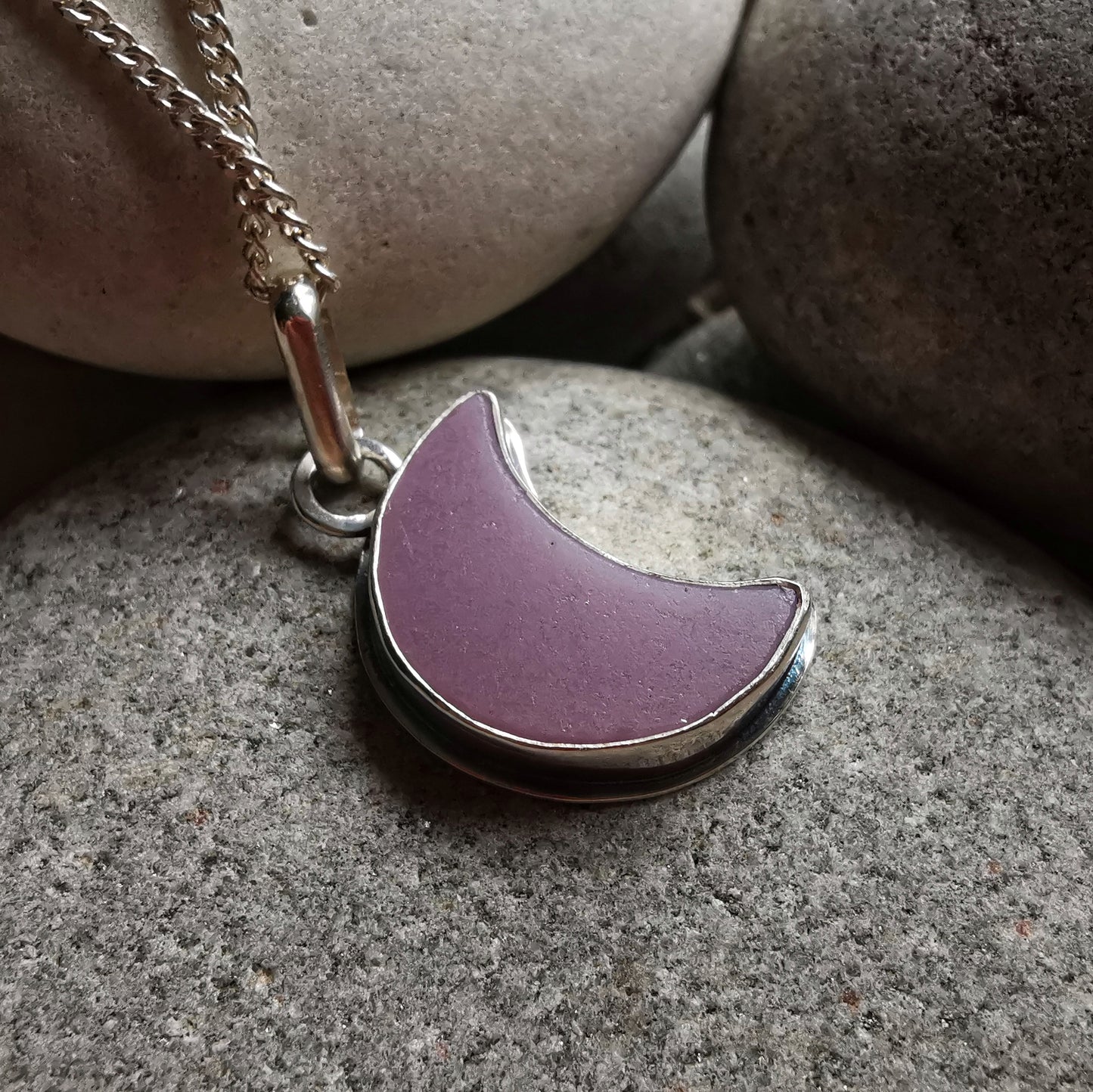 Purple crescent moon sea glass & sterling silver pendant.