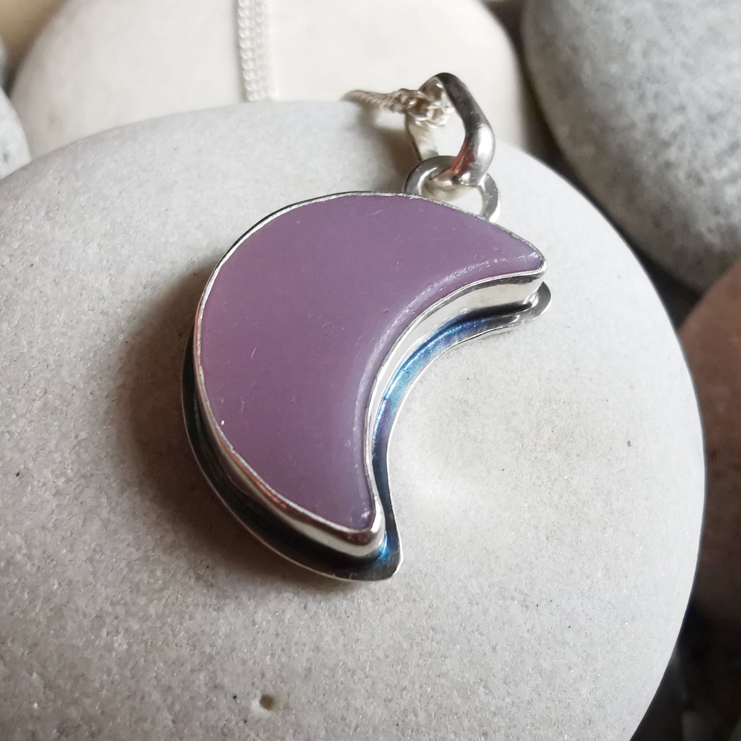 Purple crescent moon sea glass & sterling silver pendant.
