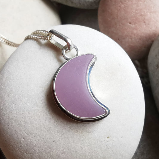 Purple crescent moon sea glass & sterling silver pendant.
