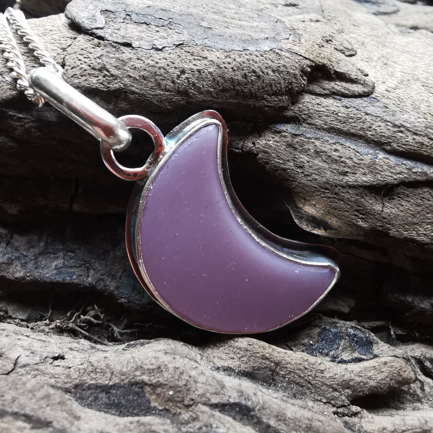 Purple crescent moon sea glass & sterling silver pendant.